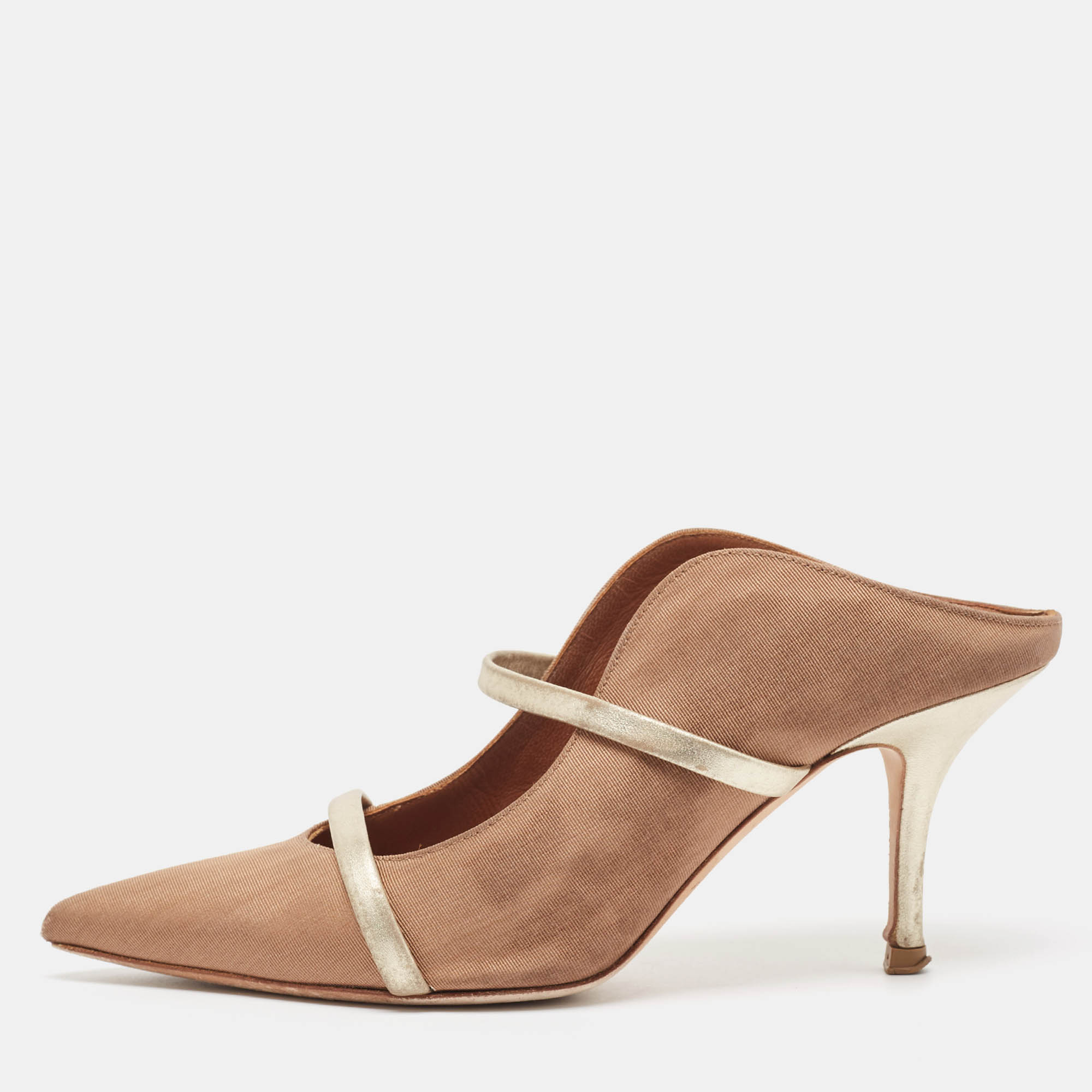 Pre Owned Malone Souliers Brown/Gold Fabric and Leather Maureen Mules Size 39