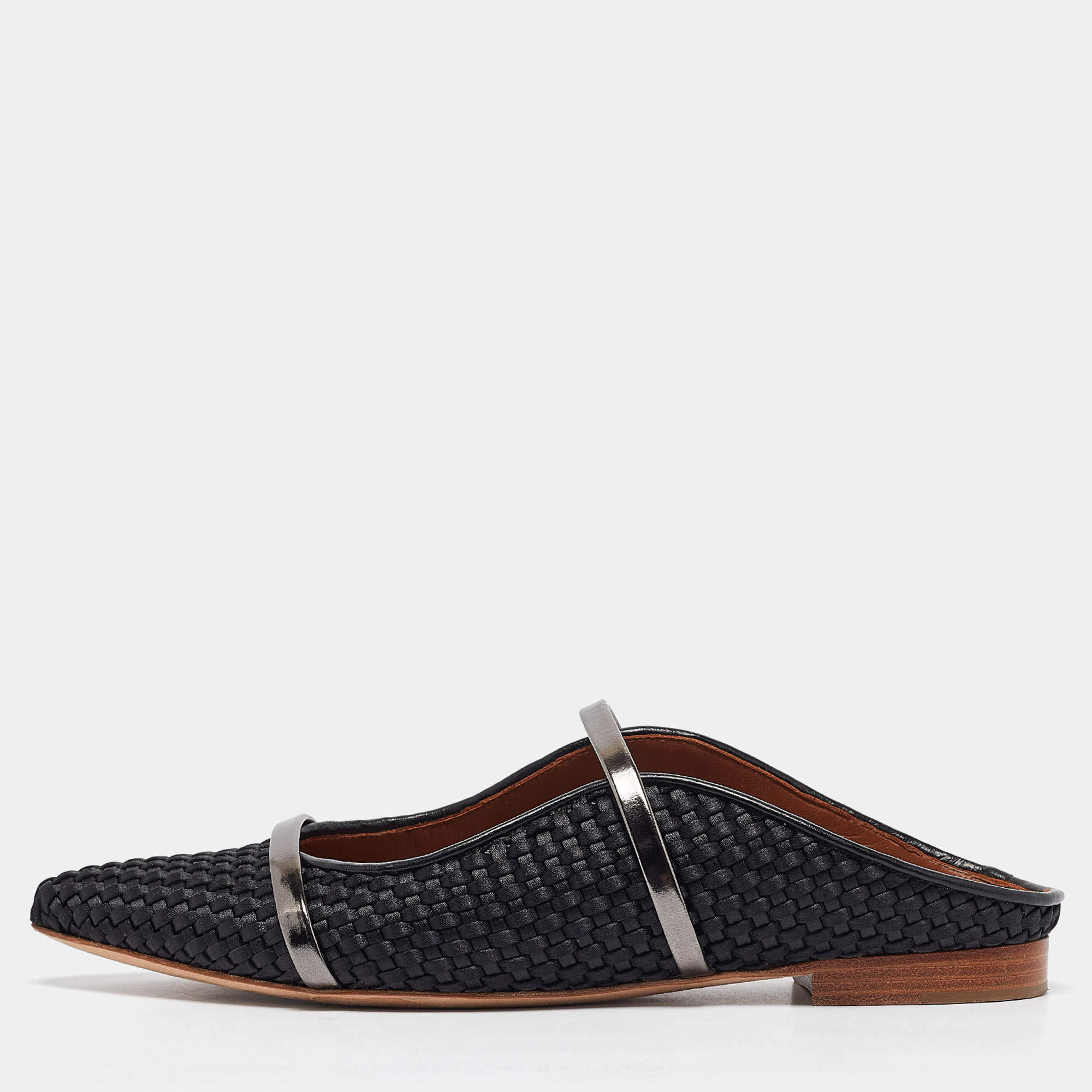 Pre Owned Malone Souliers Black Woven Satin and Leather Maureen Flat Mules Size 38