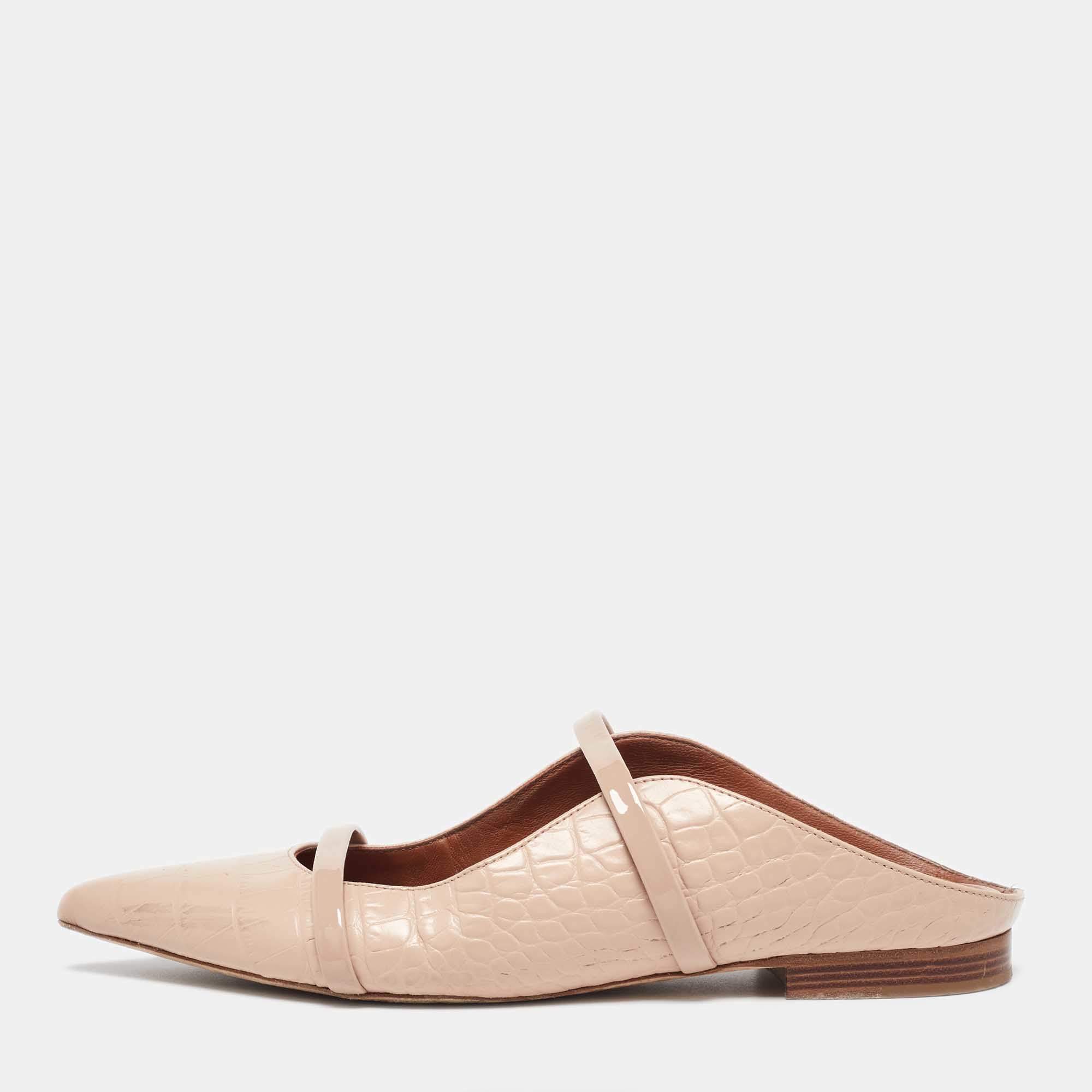 Pre Owned Malone Souliers Pink Croc Embossed Leather and Patent Leather Maureen Mules Size 37