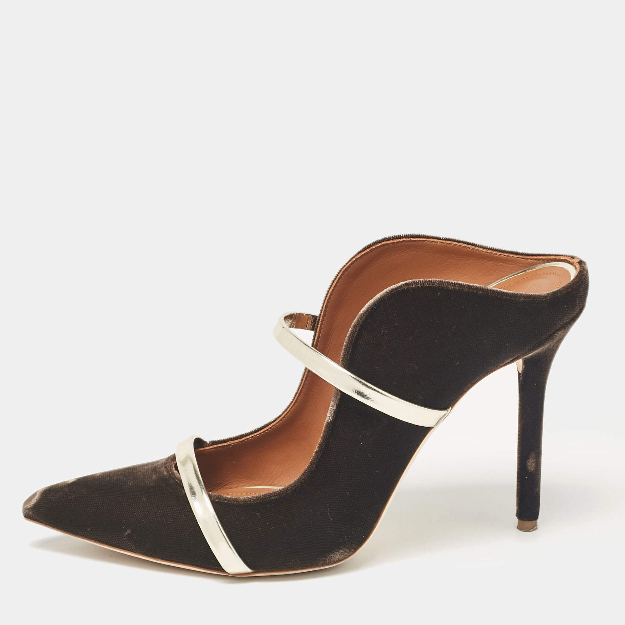 Pre Owned Malone Souliers Brown/Gold Velvet and Leather Maureen Mules Size 39