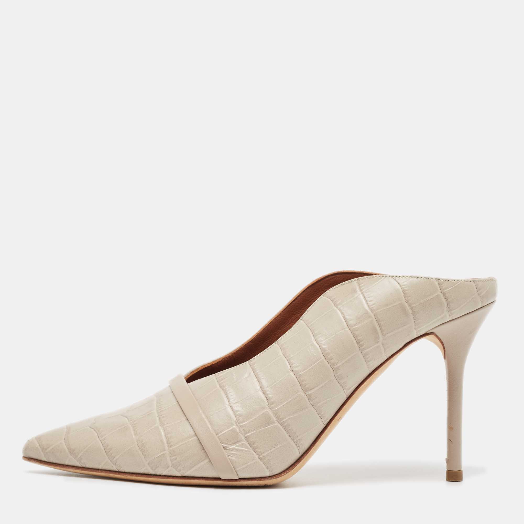 Pre Owned Malone Souliers Grey Croc Embossed Leather Constance Mules Size 38