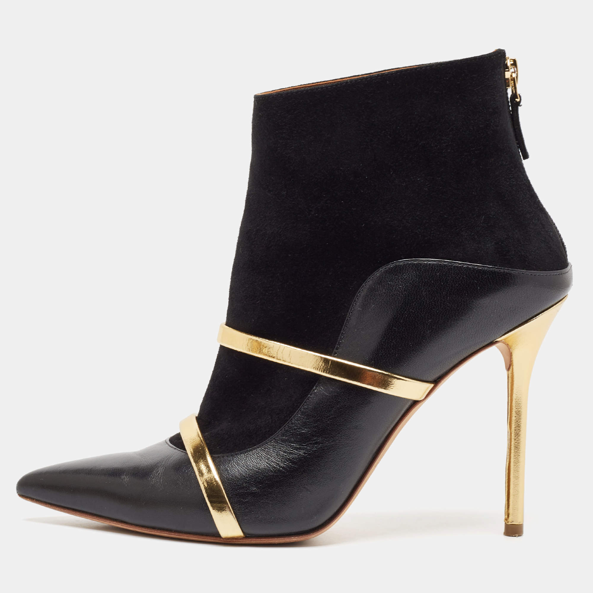 Pre Owned Malone Souliers Black/Gold Leather and Suede Madison Ankle Length Boots Size 39