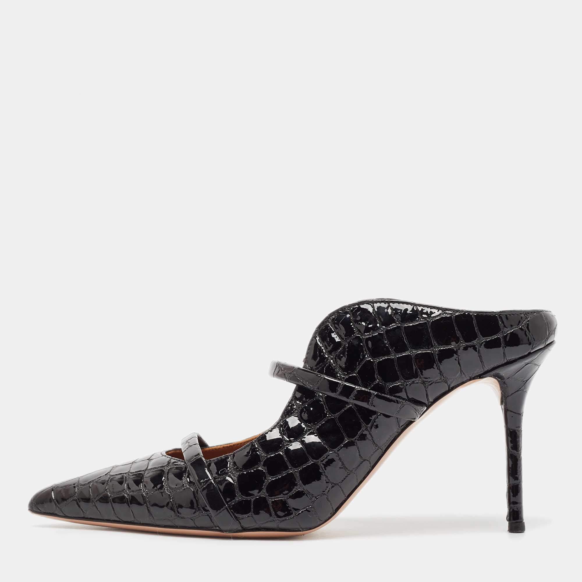 Pre Owned Malone Souliers Black Croc Embossed Patent Leather Maureen Pointed Toe Mules Size 40