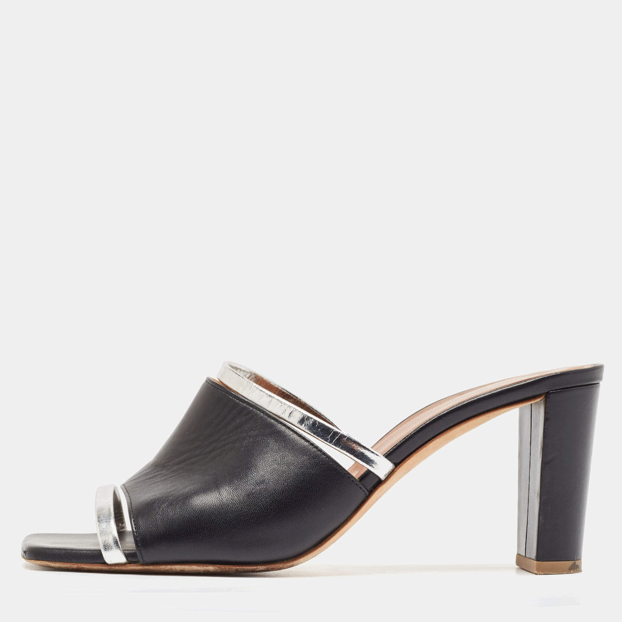 Pre Owned Malone Souliers Silver/Black Leather Laney Slide Sandals Size 39.5