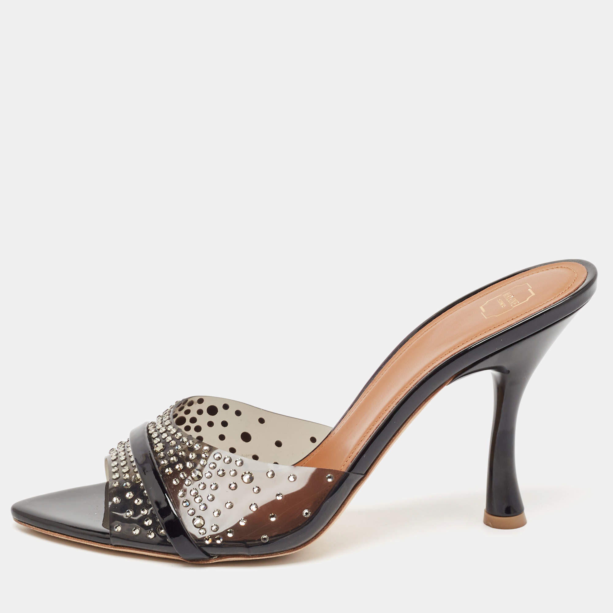 Pre Owned Malone Souliers Black PVC Julia Crystal Embellished Slides Size 39.5