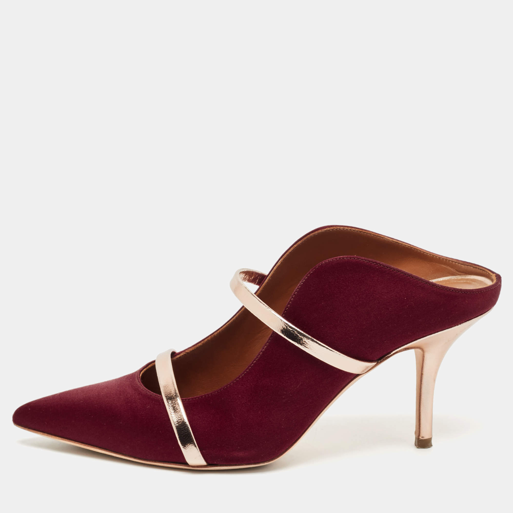 Pre Owned Malone Souliers Burgundy Satin Maureen Pointed Toe Mules Size 38.5