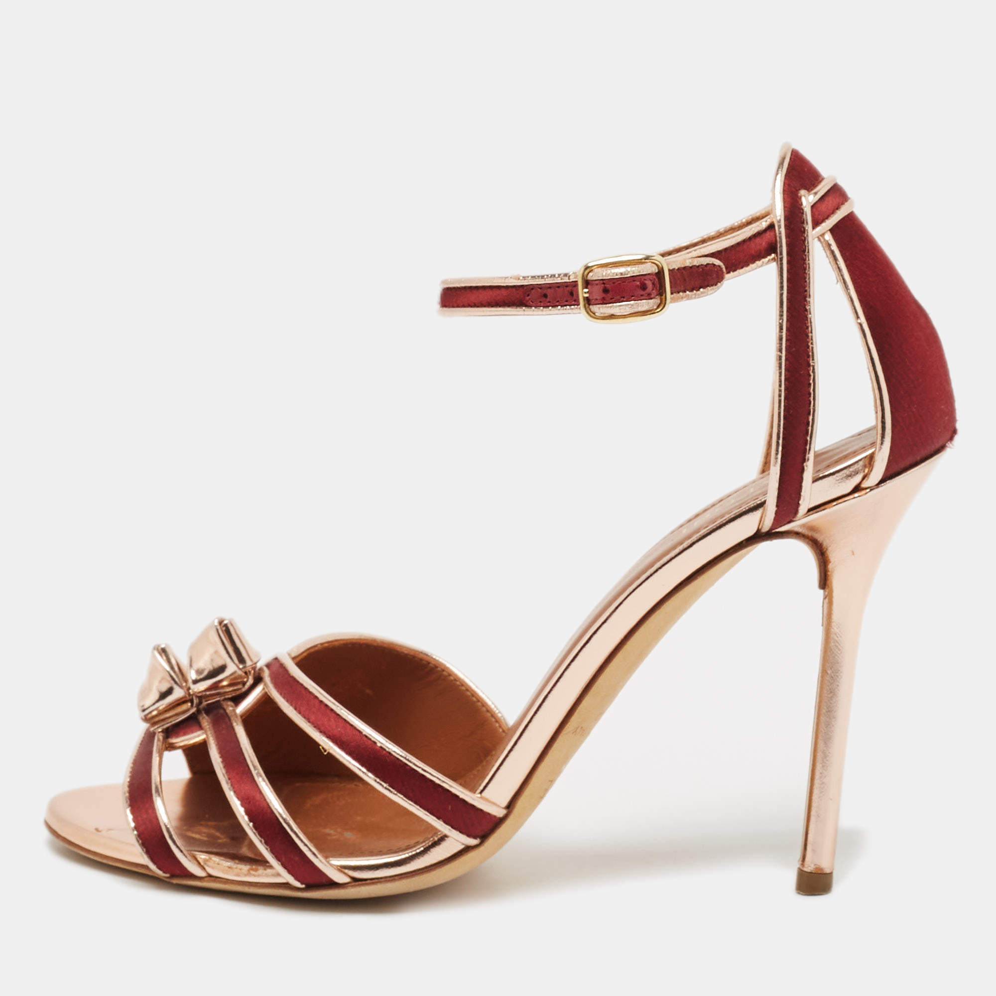 Pre Owned Malone Souliers Burgundy/Gold Leather and Satin Ankle Strap Sandals Size 38