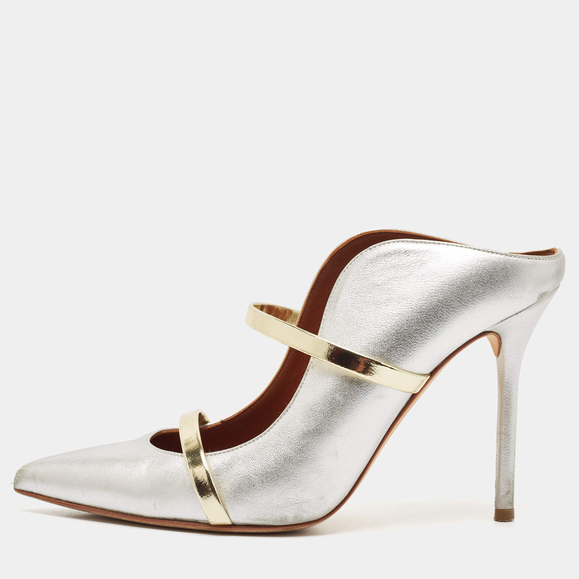 Malone Souliers Silver/Gold Leather Maureen Pointed Toe Mules Size 37