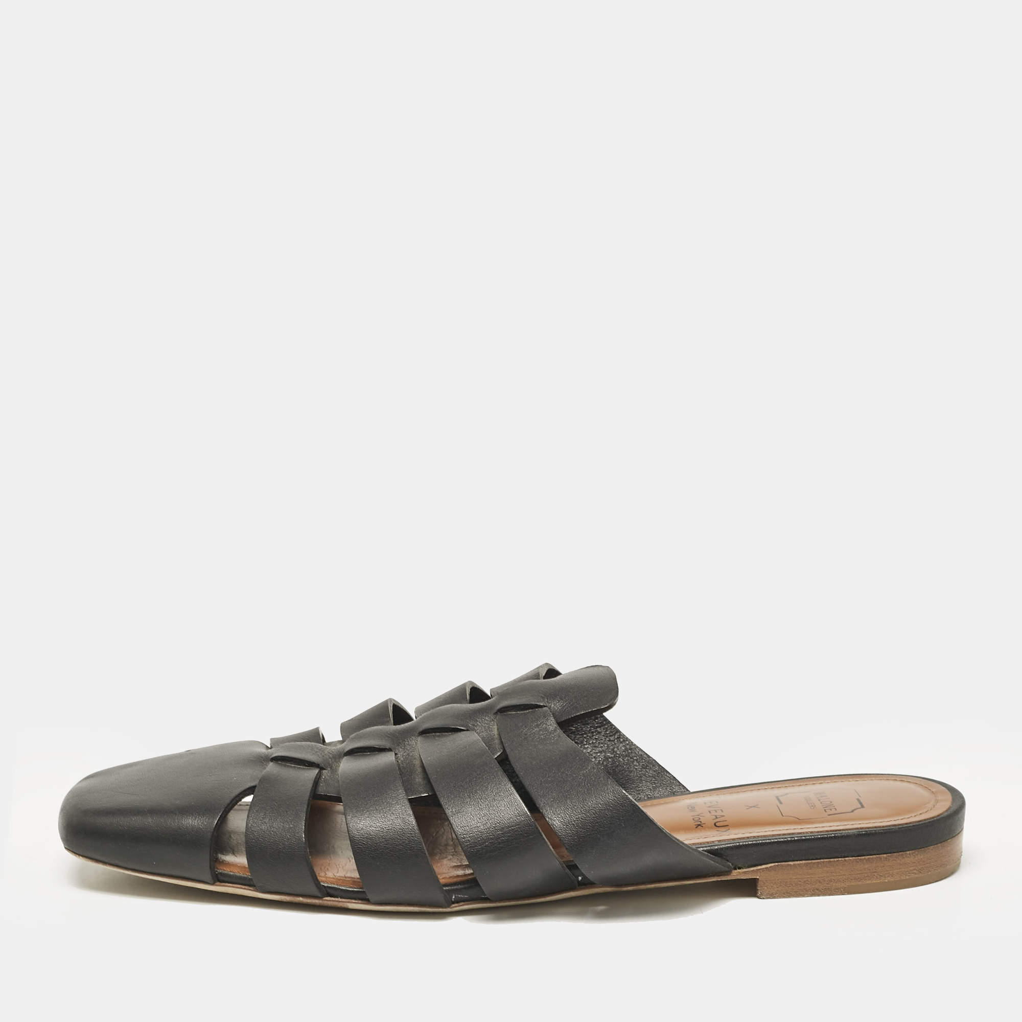 Malone Souliers x Deveaux Black Leather Strappy Flat Mules Size 38.5