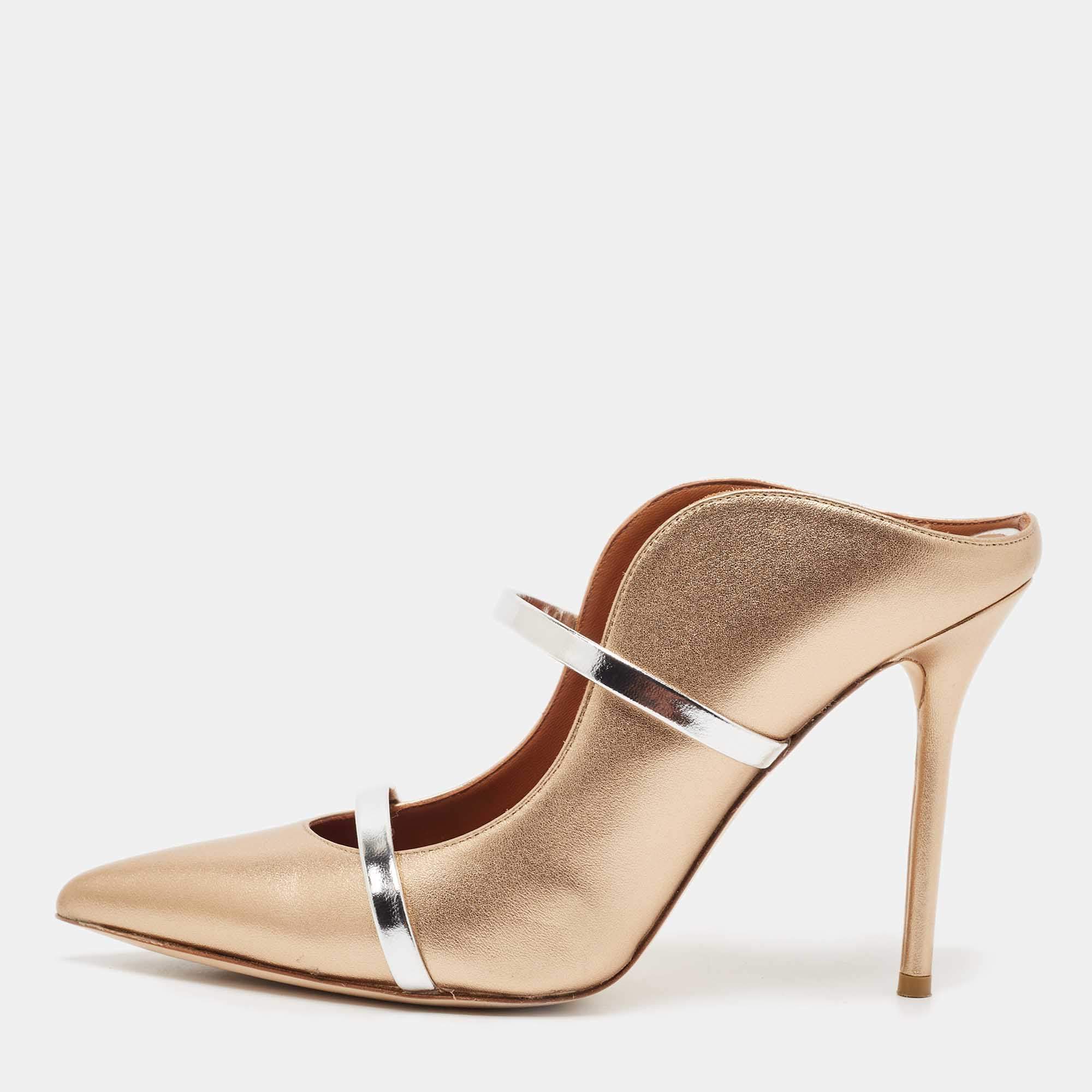 Pre Owned Malone Souliers Gold/Silver Leather Maureen Mules Size 39