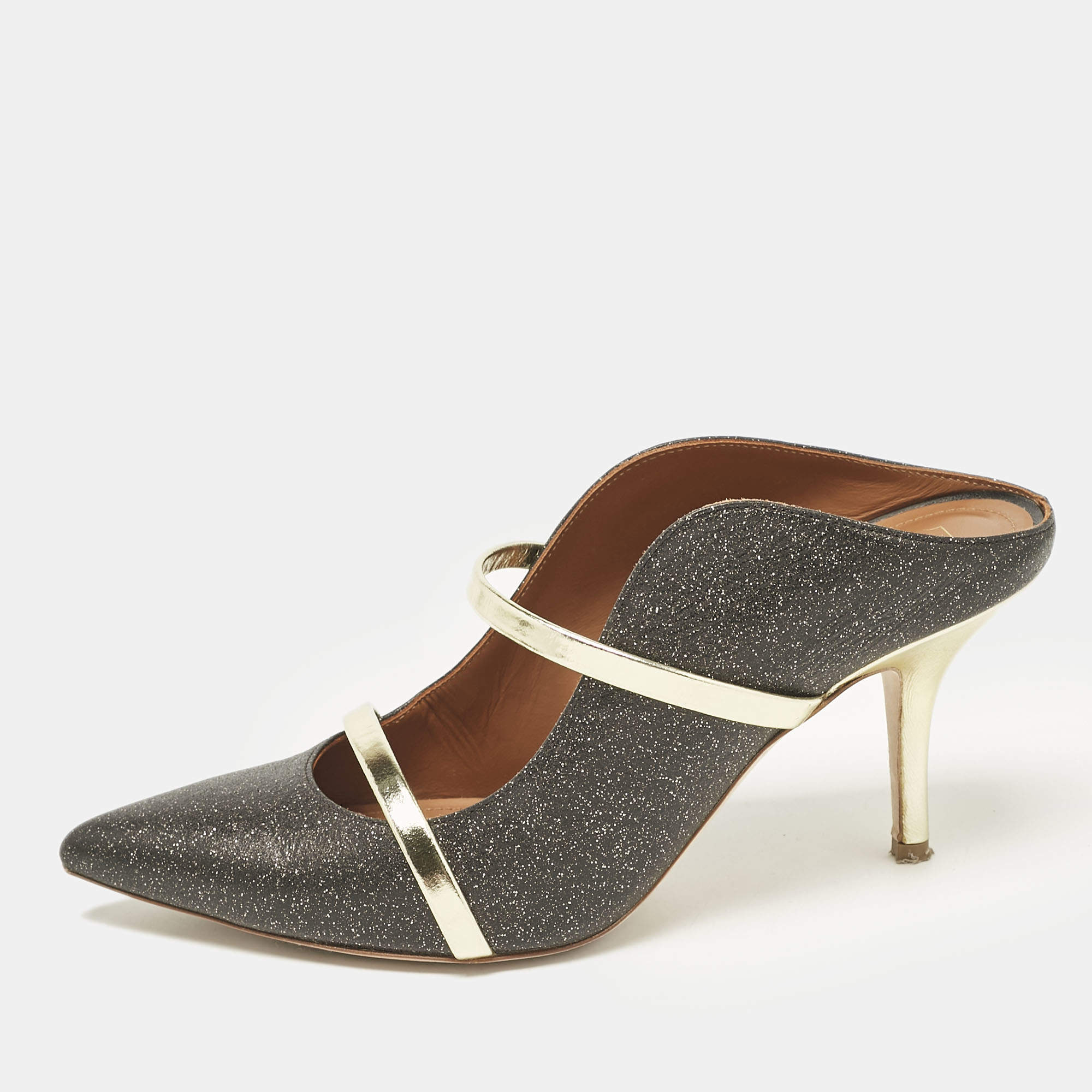 Malone Souliers Grey/Gold Glitter Leather Maureen Mules Size 37.5