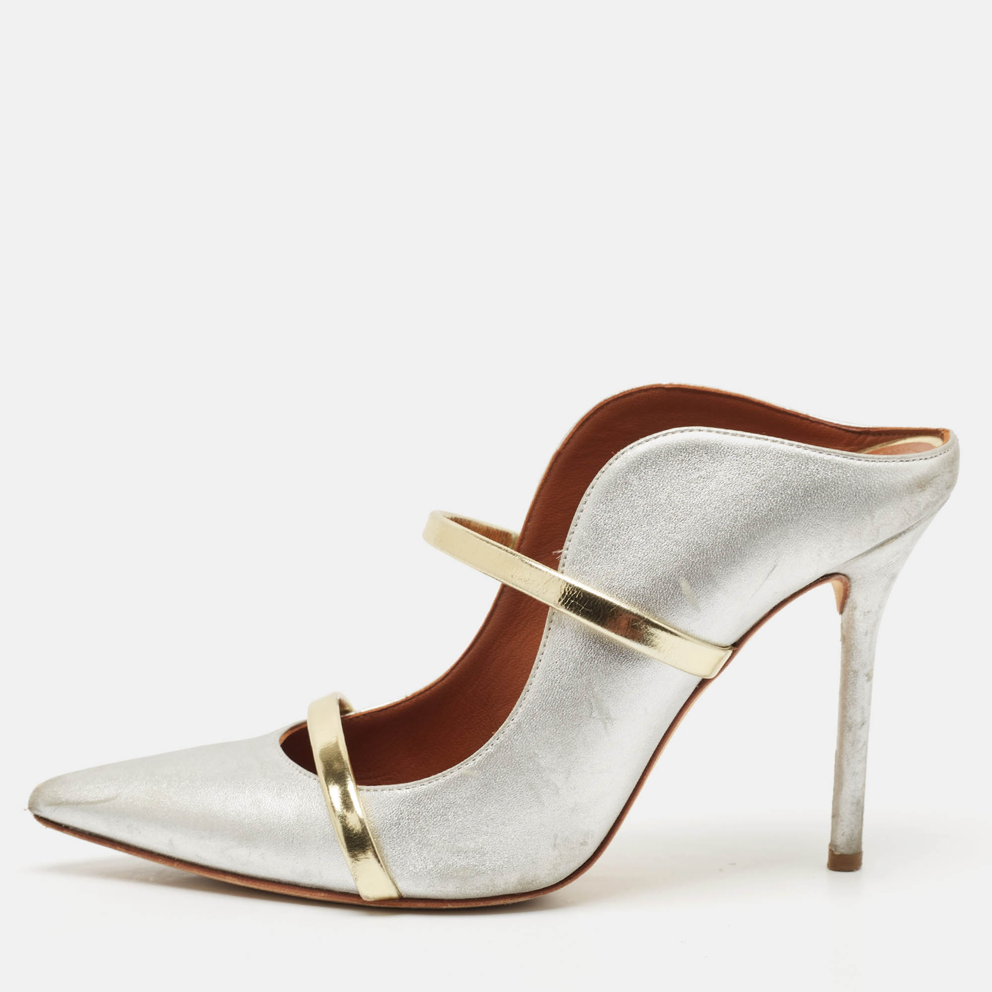 Malone Souliers Gold/Silver Leather Maureen Pointed Toe Mules Sandals Size 37.5