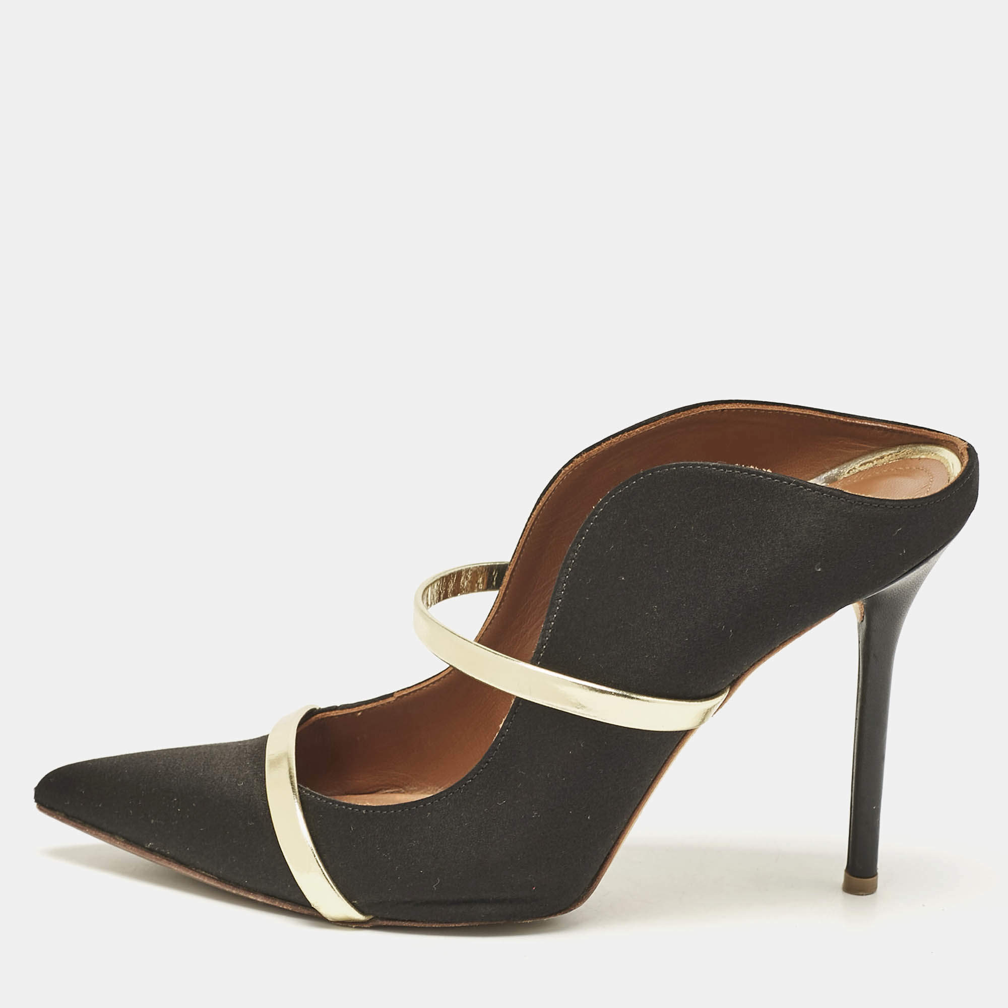 Malone Souliers Black/Gold Satin and Leather Maureen Flat Mules Size 38