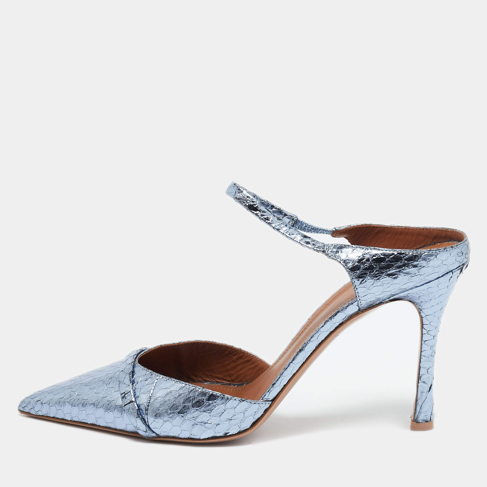 Malone Souliers Metallic Blue Snakeskin Embossed Leather Uma Mules Size 39