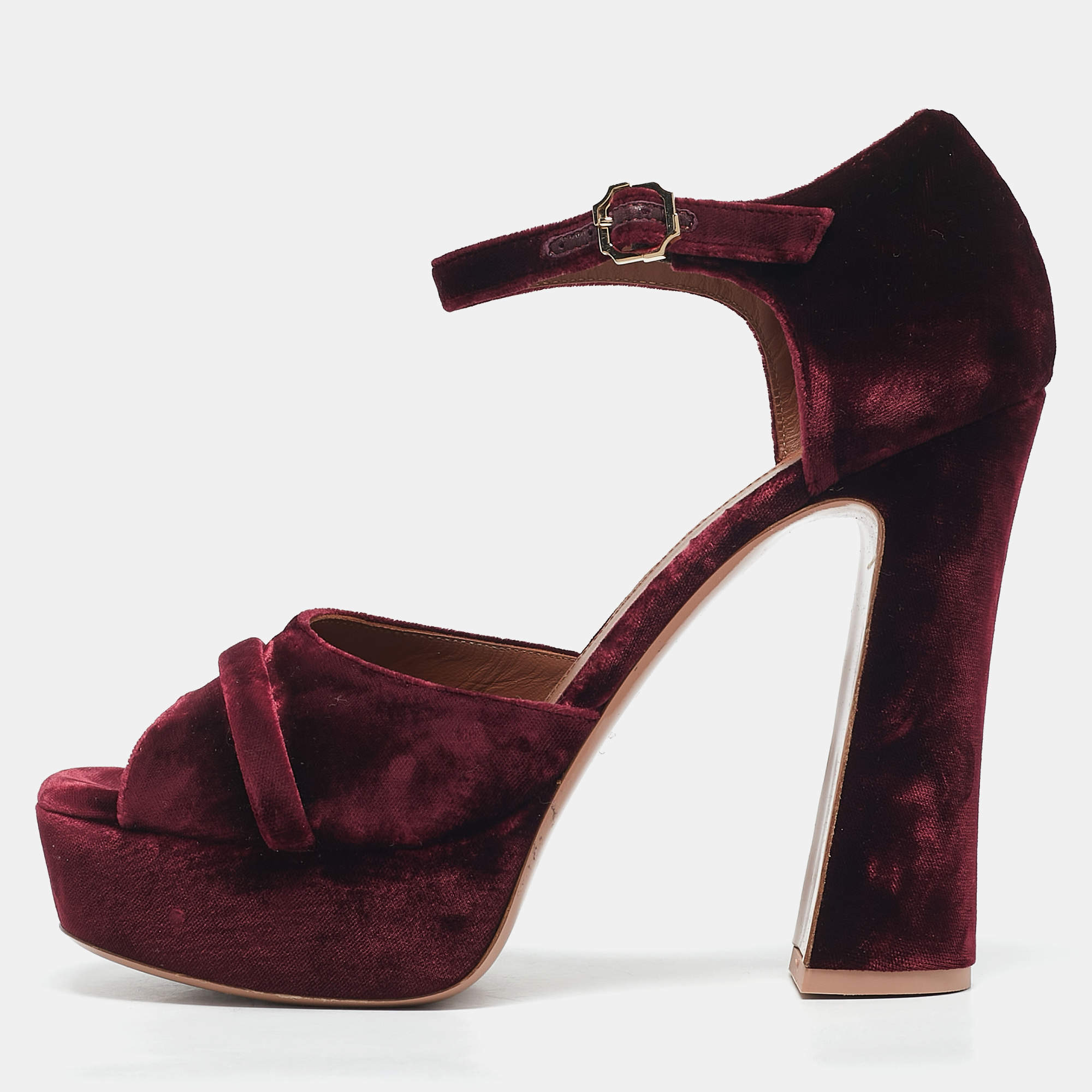 Pre Owned Malone Souliers Burgundy Velvet Yuri Ankle Strap Sandals Size 39