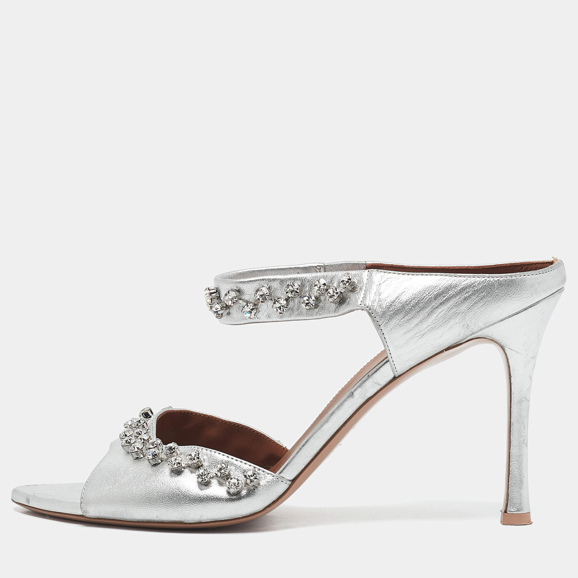 Pre Owned Malone Souliers Silver Leather Tala Crystal Embellished Sandals Size 41