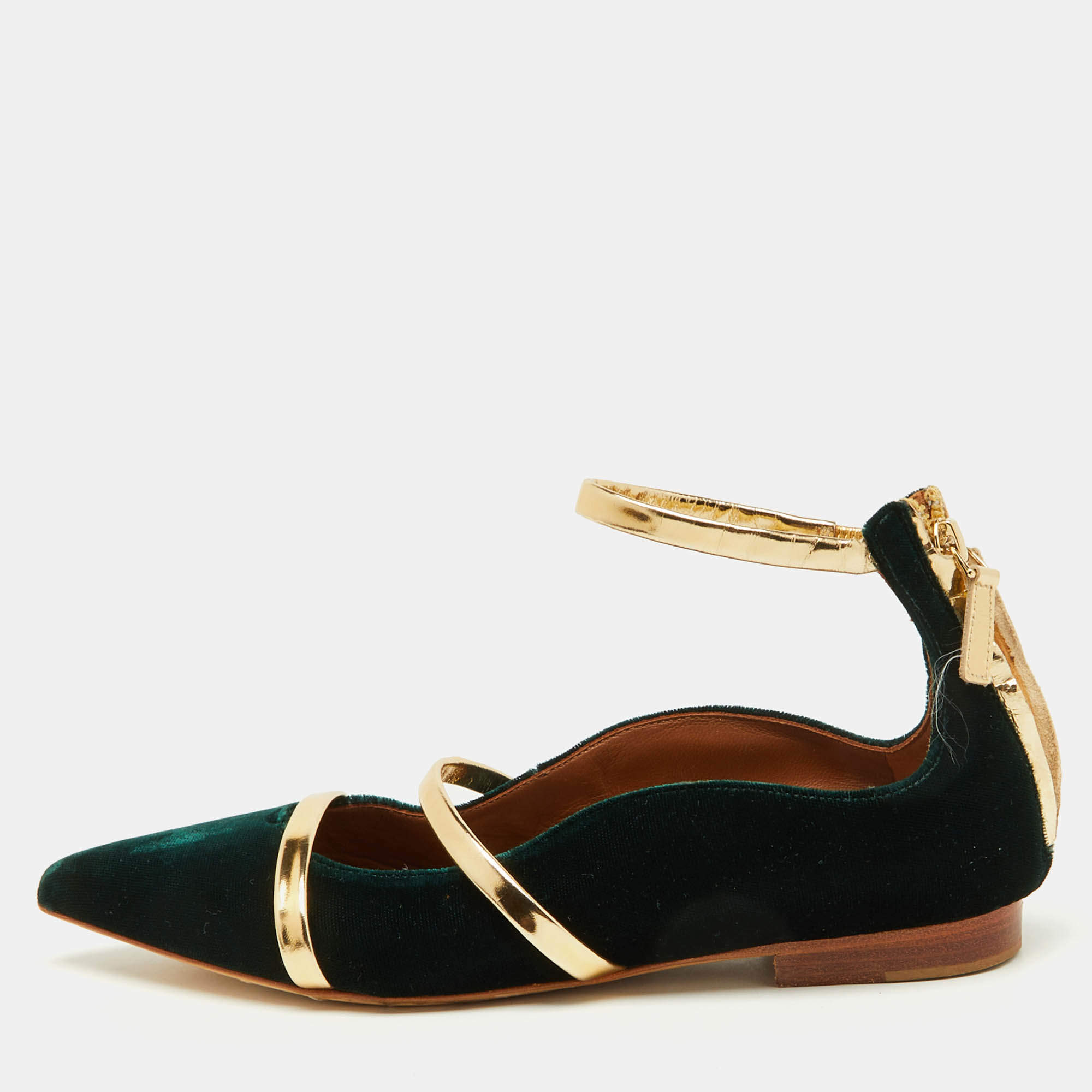 Pre Owned Malone Souliers Dark Green/Gold Velvet and Leather Robyn Ballet Flats Size 35
