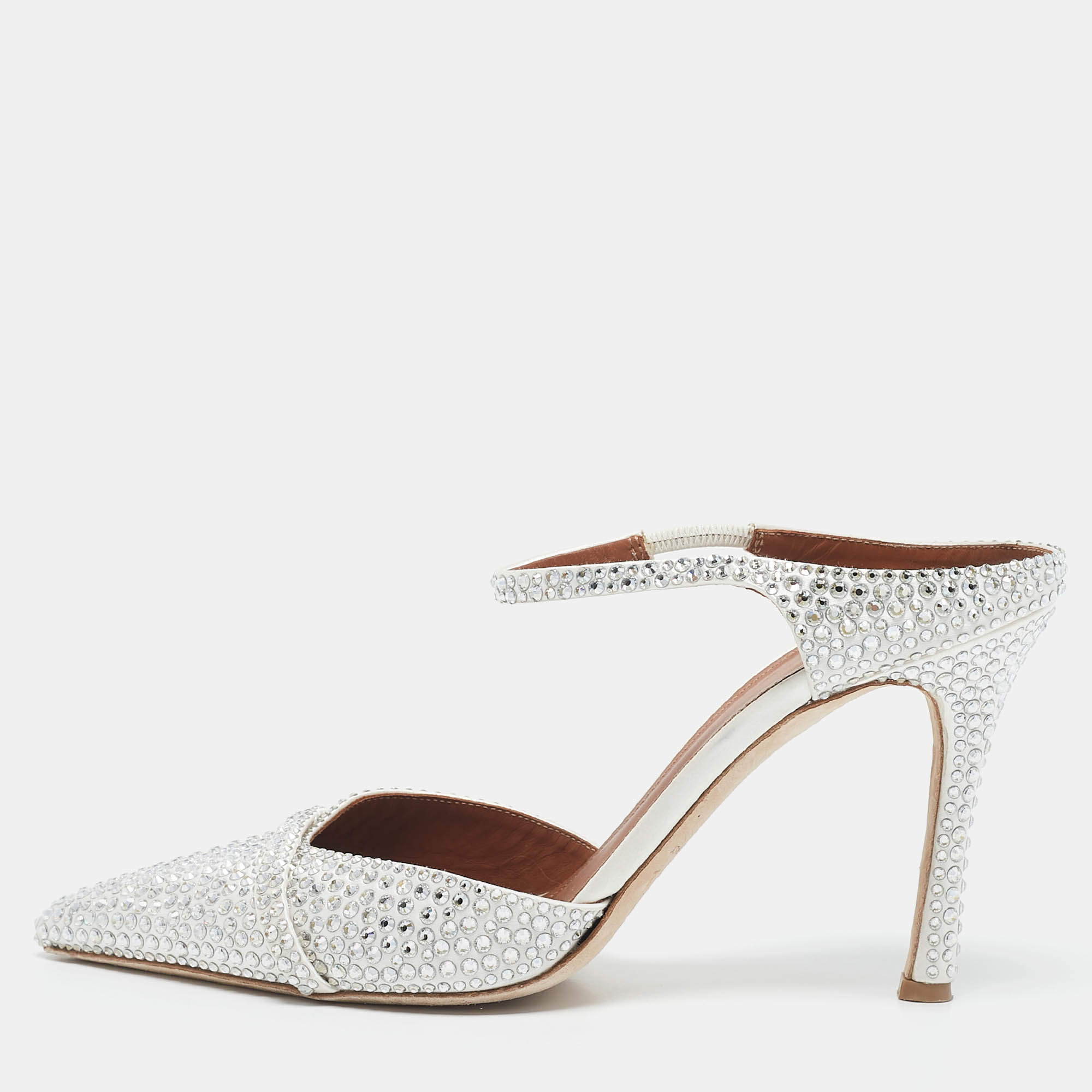 Pre Owned Malone Souliers White Satin Crystal Embellished Ankle Strap Pumps Size 40