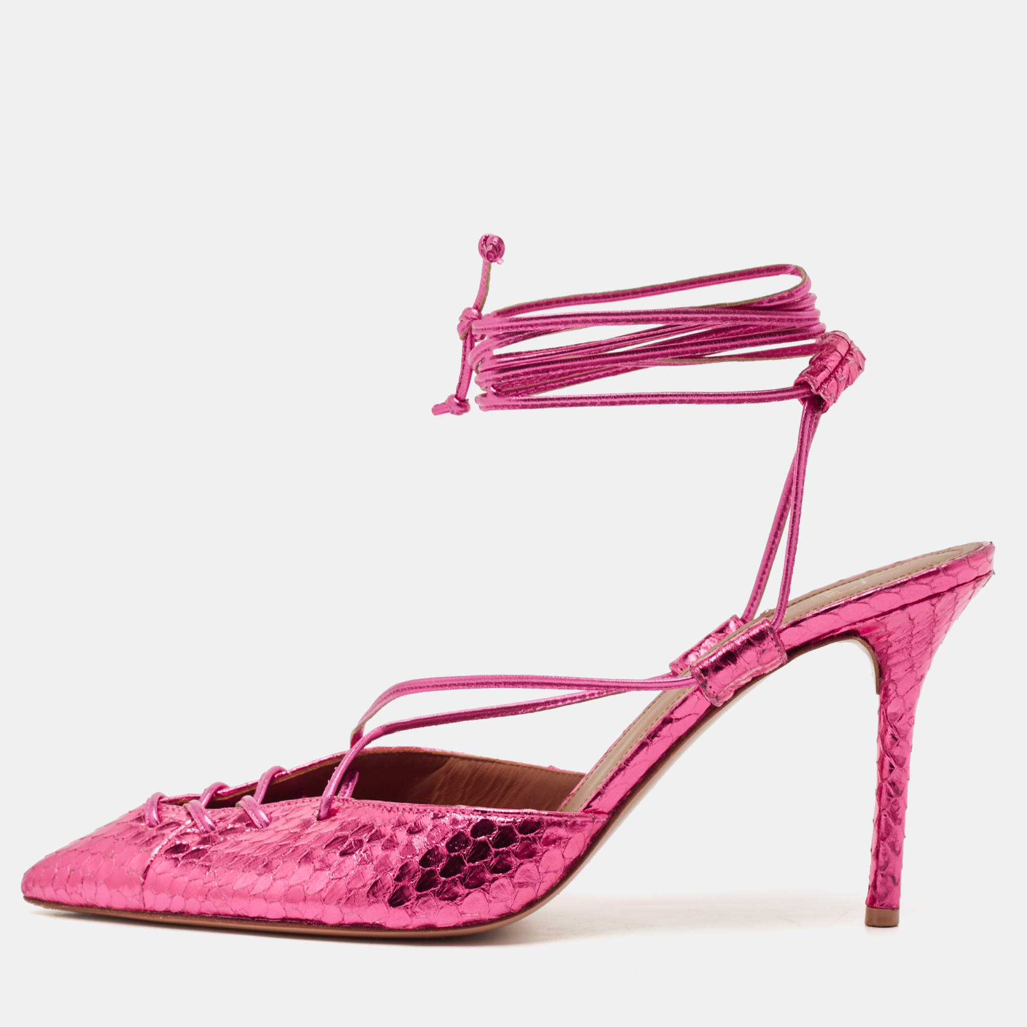 Pre Owned Malone Souliers Pink Snakeskin Embossed Patent Leather Marianna Pumps Size 39