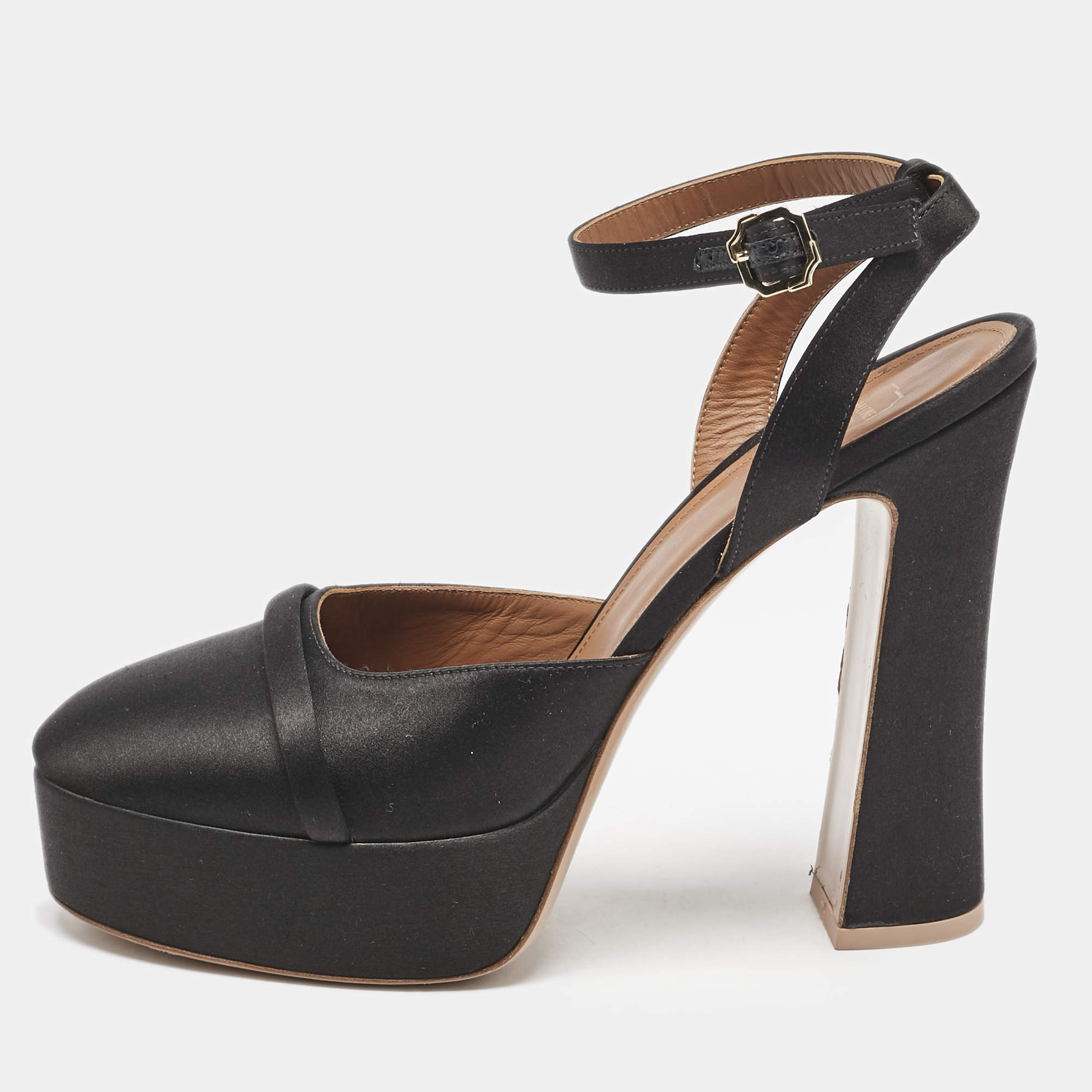Malone Souliers Black Satin Mora Ankle Strap Platform Pumps Size 40