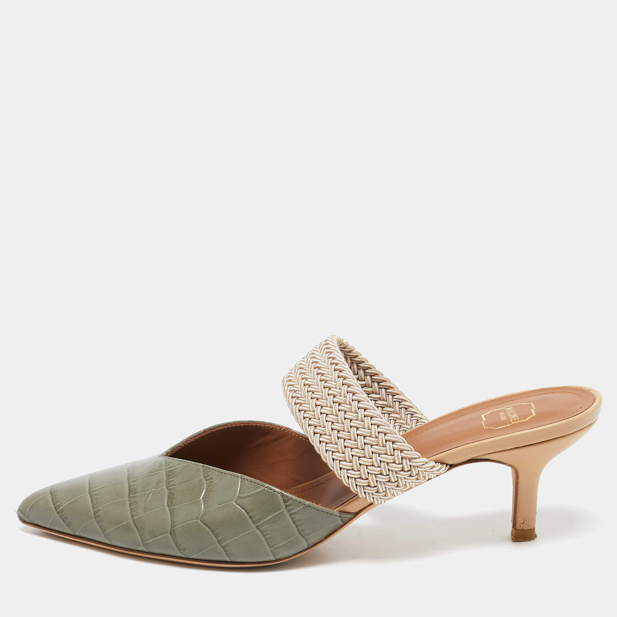 Malone Souliers Army Green Croc Embossed Leather Maisie Mules Size 37