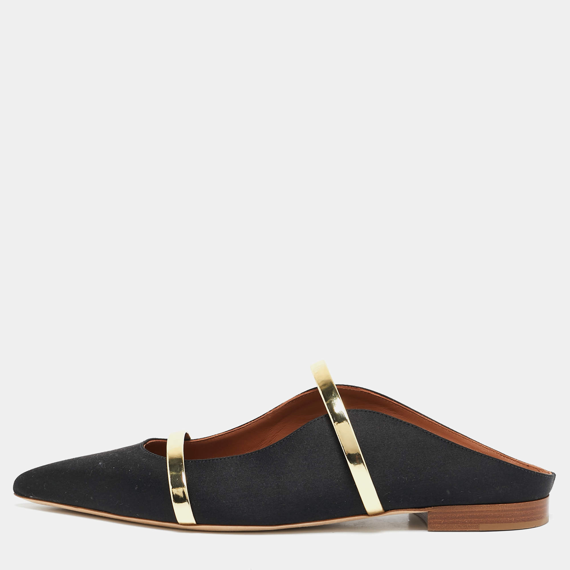 Pre Owned Malone Souliers Black/Gold Satin and Leather Maureen Flats Size 39