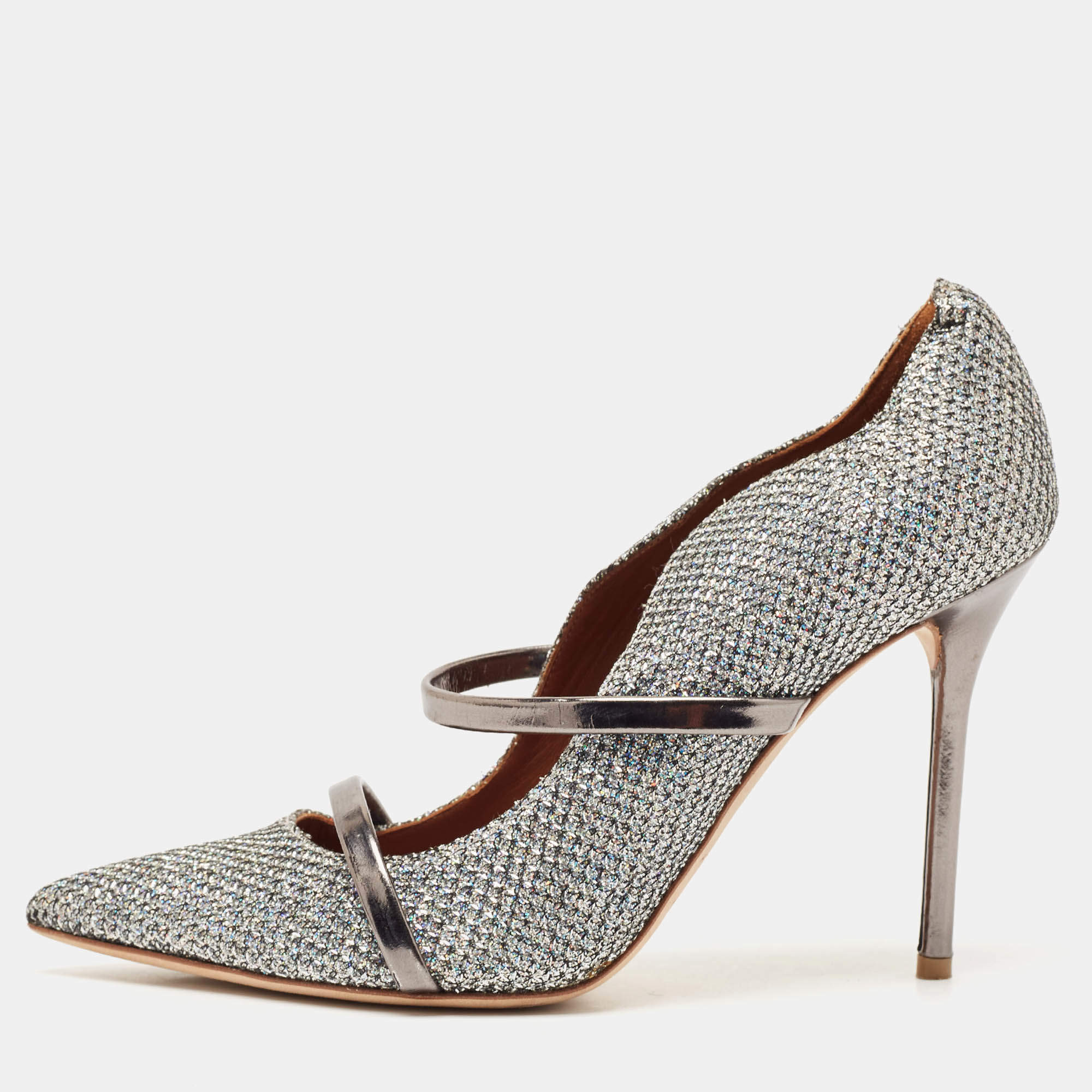 Malone Souliers Silver Metallic Moire Fabric Maureen Pointed Toe Pumps Size 39
