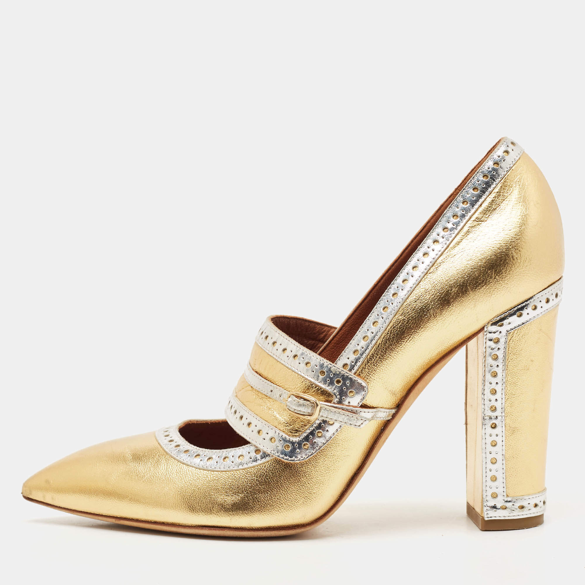 Pre Owned Malone Souliers Rose Gold/Silver Perforated Leather Ada Pumps Size 39.5