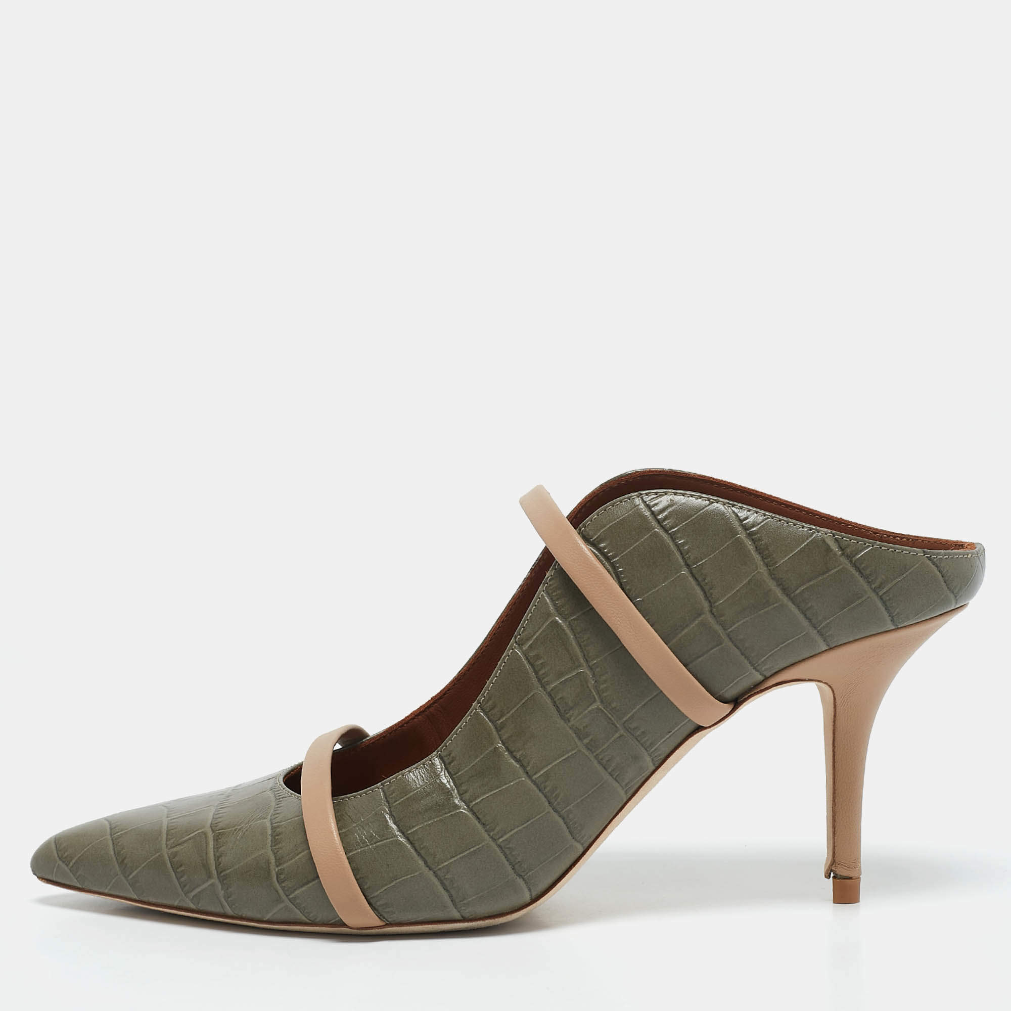 Malone Souliers Army Green/Beige Croc Embossed Leather Maureen Mules Size 40.5