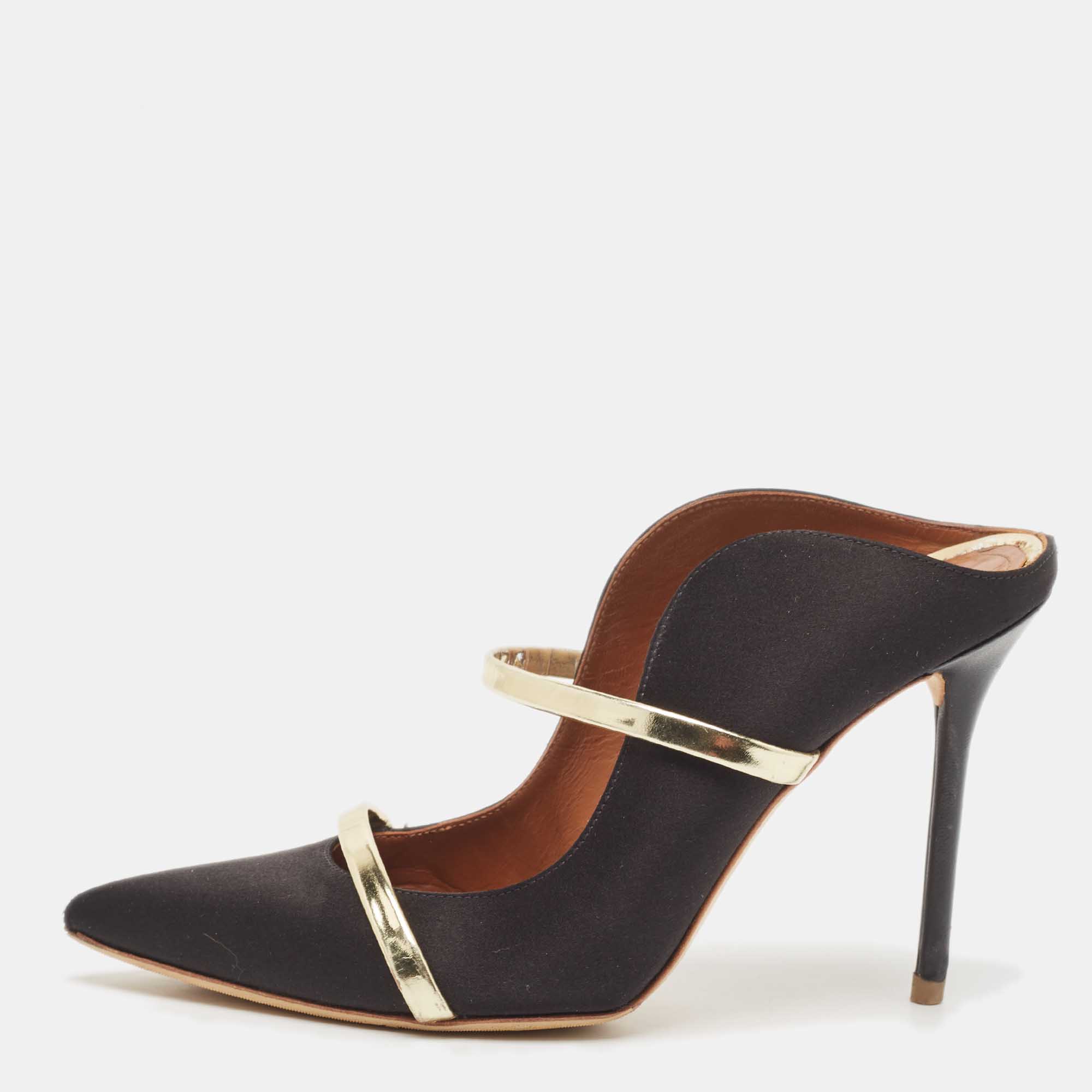 Malone Souliers Black/Gold Satin and Leather Maureen Mules Size 38.5