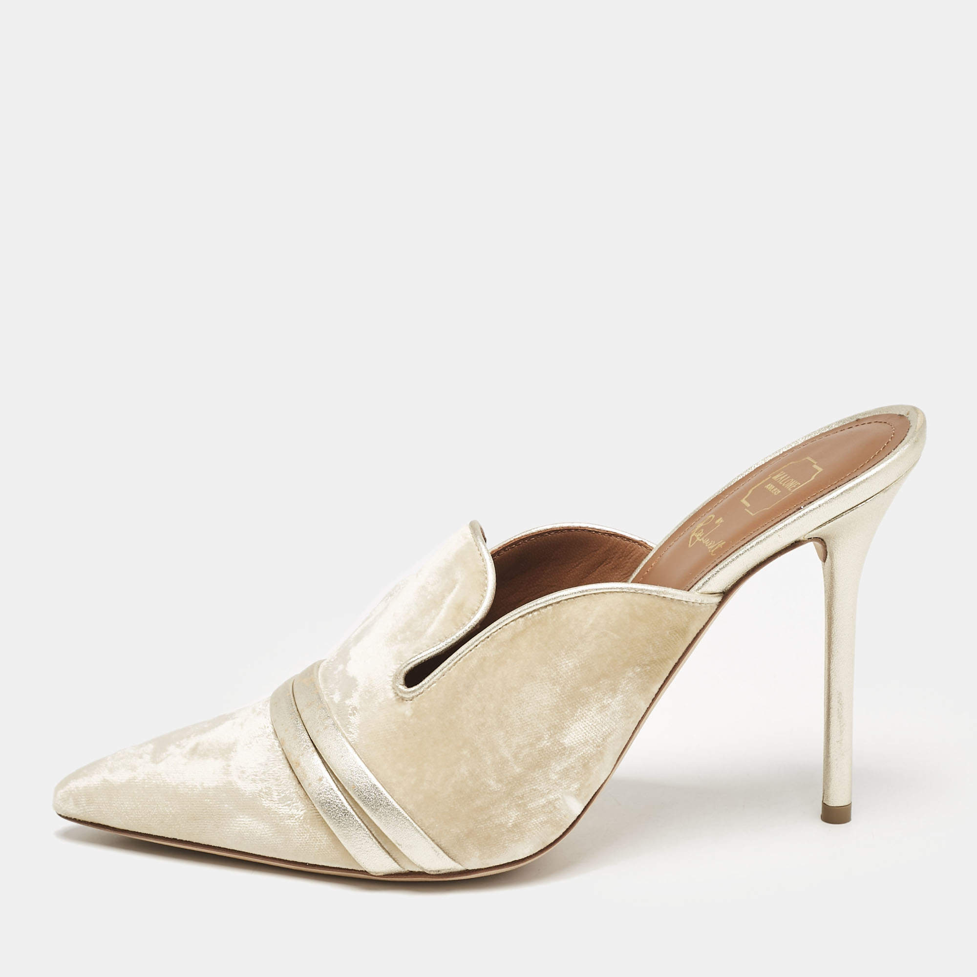 Malone Souliers Beige/Gold Velvet Hayley Pointed Toe Mules Size 39