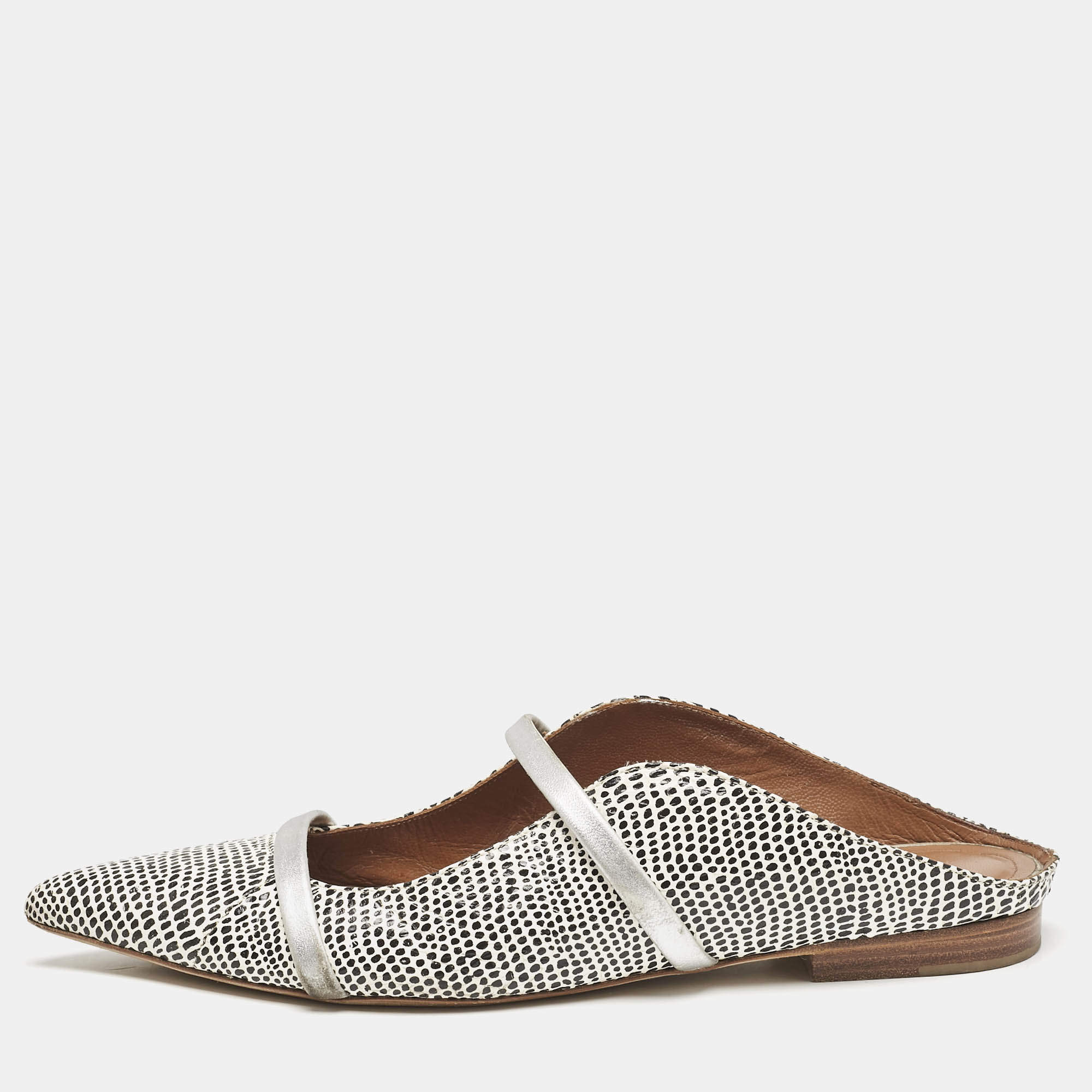 Malone Souliers White/Black Dotted Snakeskin Leather Maureen Flat Mules Size 38