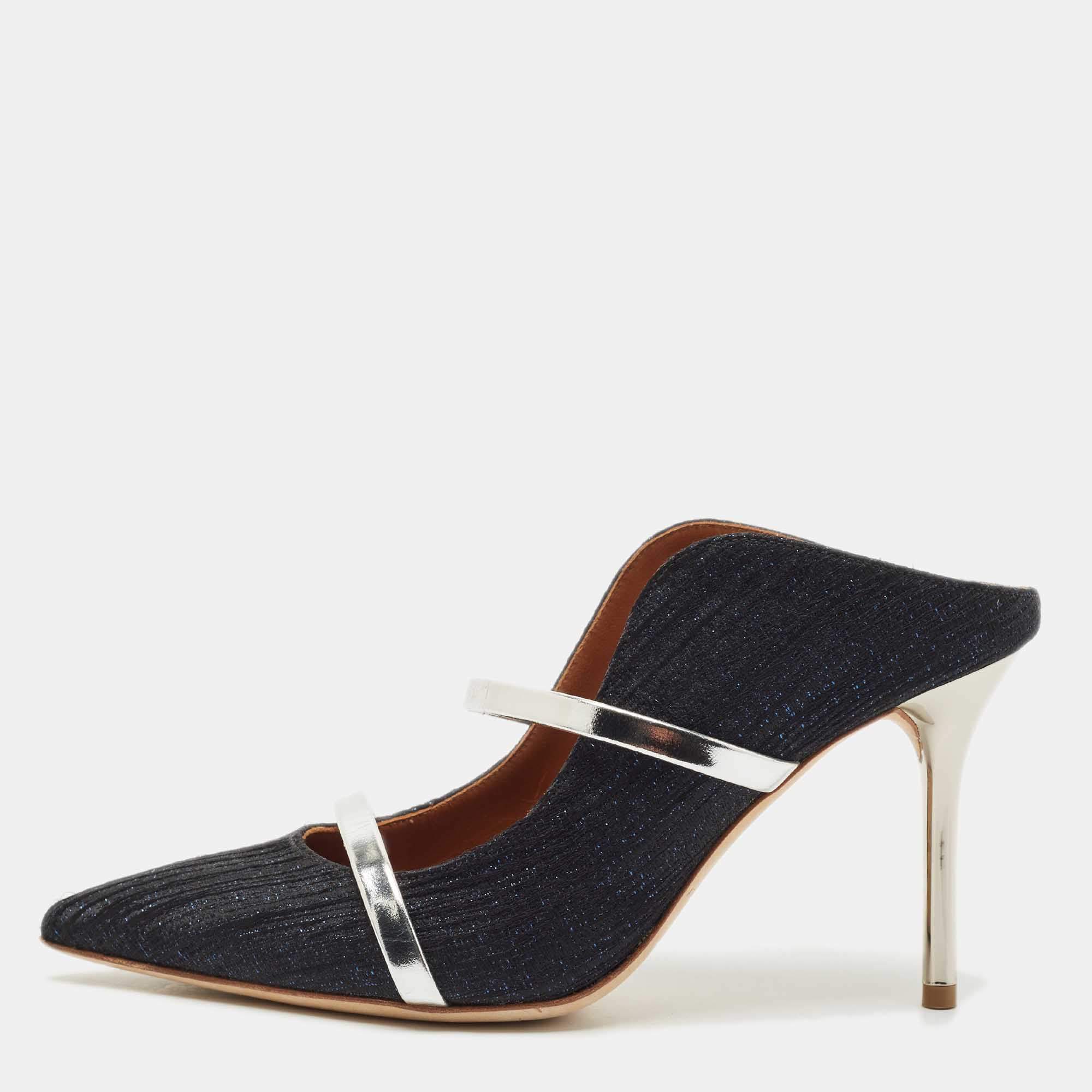 Malone Souliers Navy Blue Lurex Fabric Maureen Heel Mules Size 37