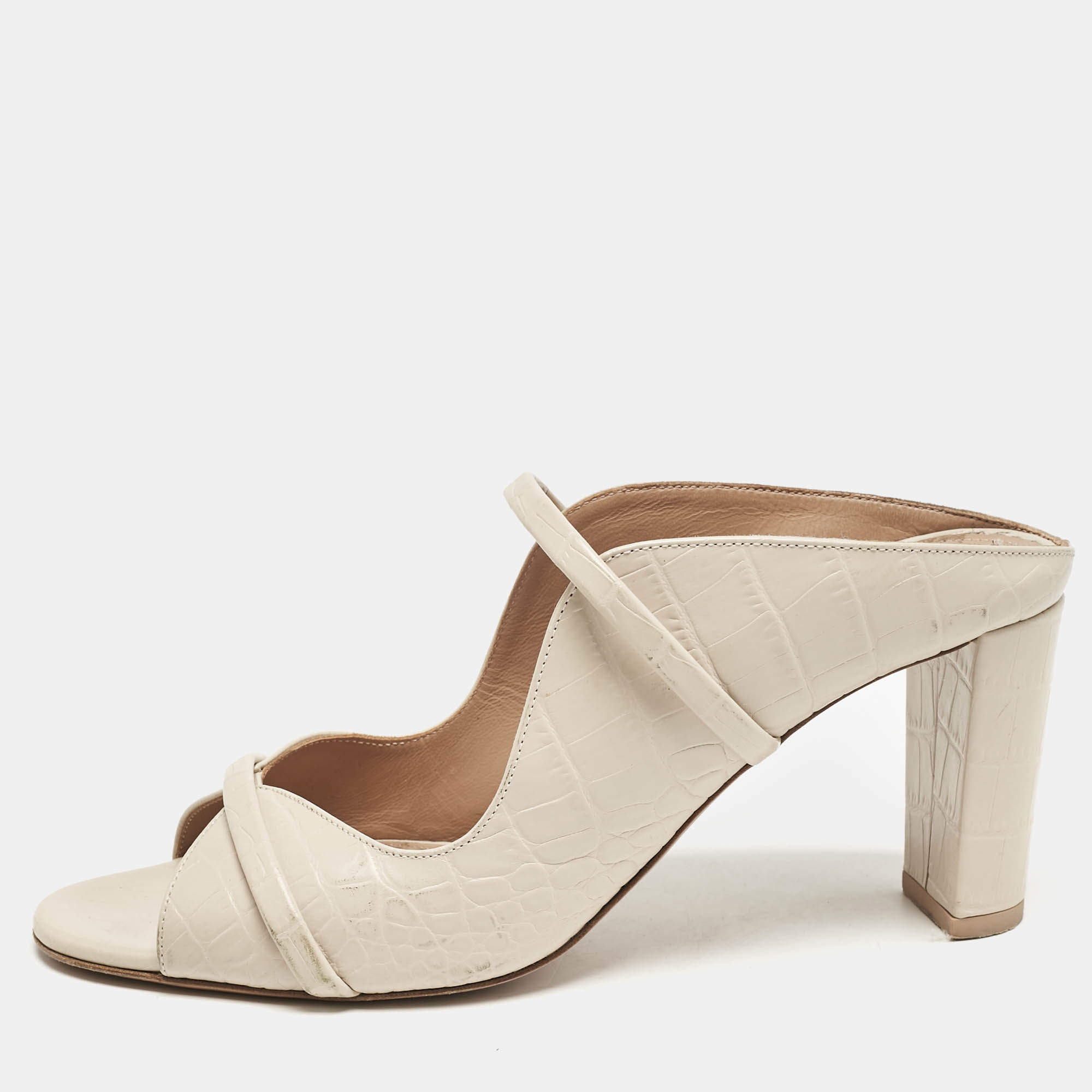 Pre Owned Malone Souliers Beige Croc Embossed Leather Norah Block Heel Mules Size 40