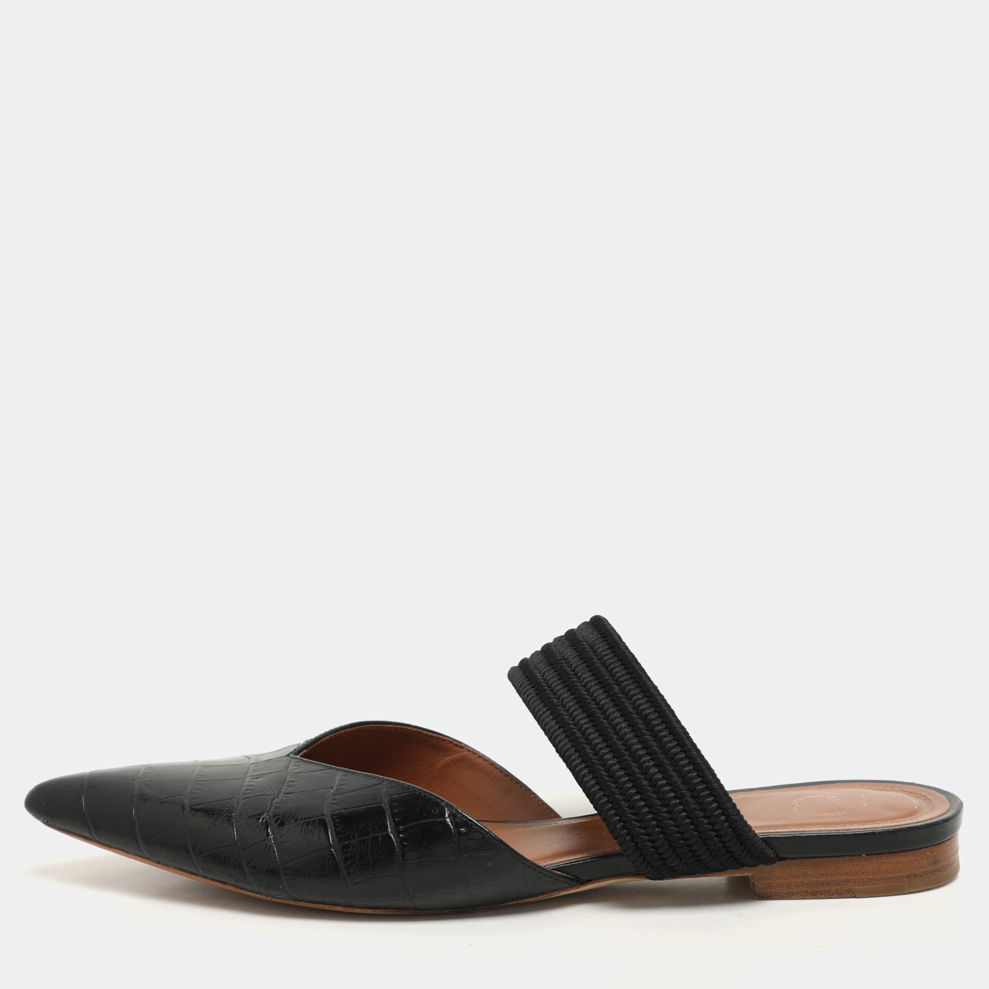 Pre Owned Malone Souliers Black Croc Embossed Leather and Canvas  Maisie mule Flats Size 40.5