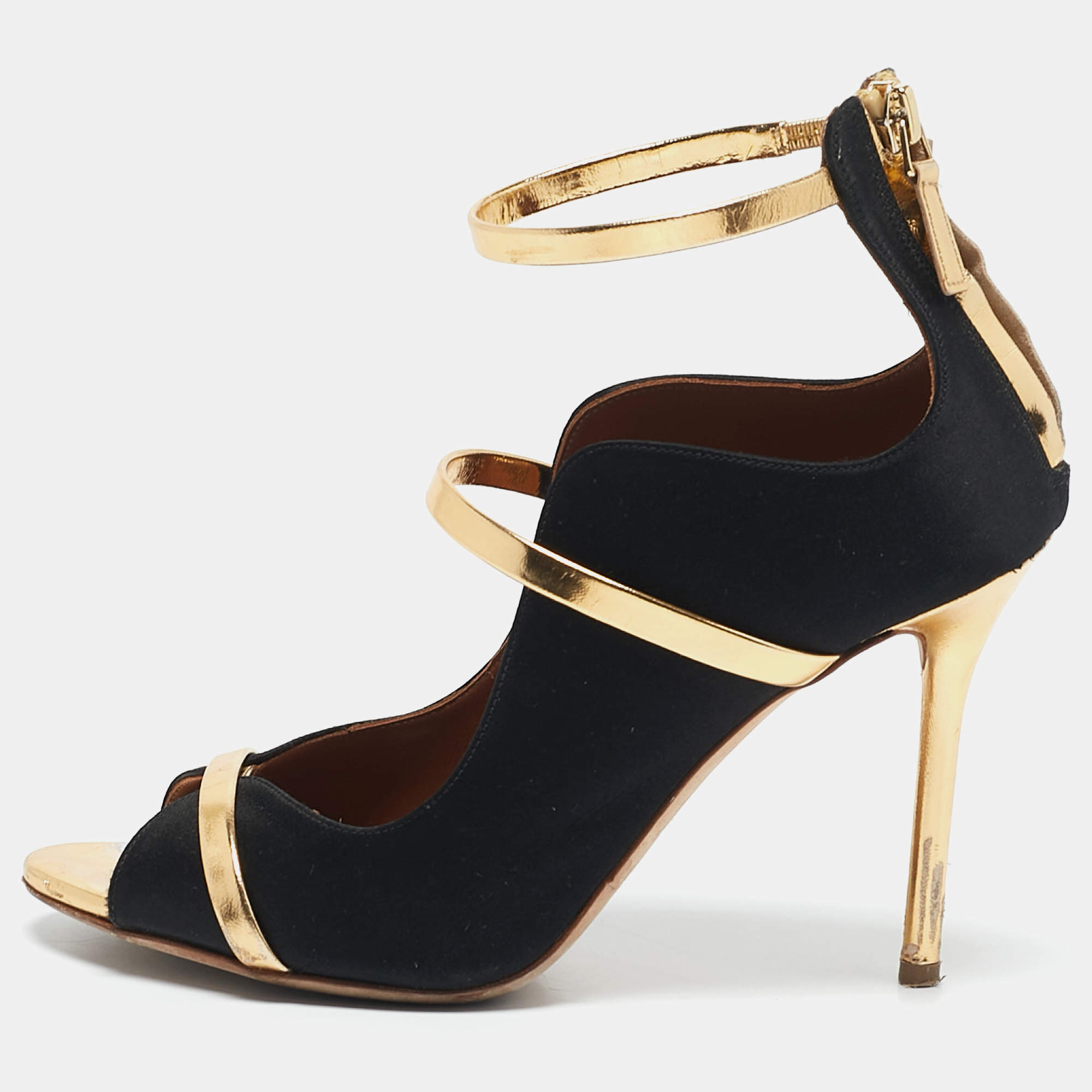Malone Souliers Black/Gold Satin and Leather Mika Ankle Strap Sandals Size 37.5