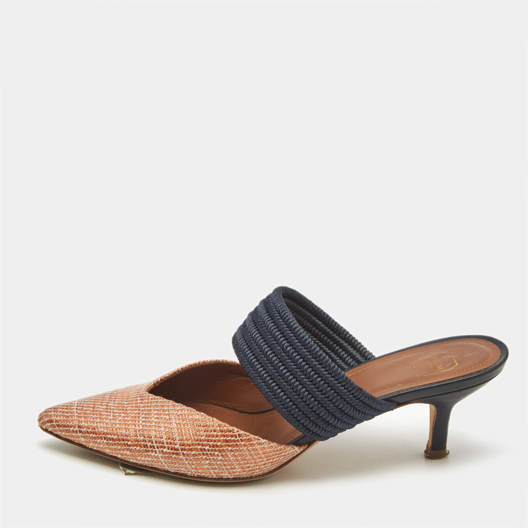 Pre Owned Malone Souliers Orange/Blue Woven Straw Maisie Heel Mules Size 35