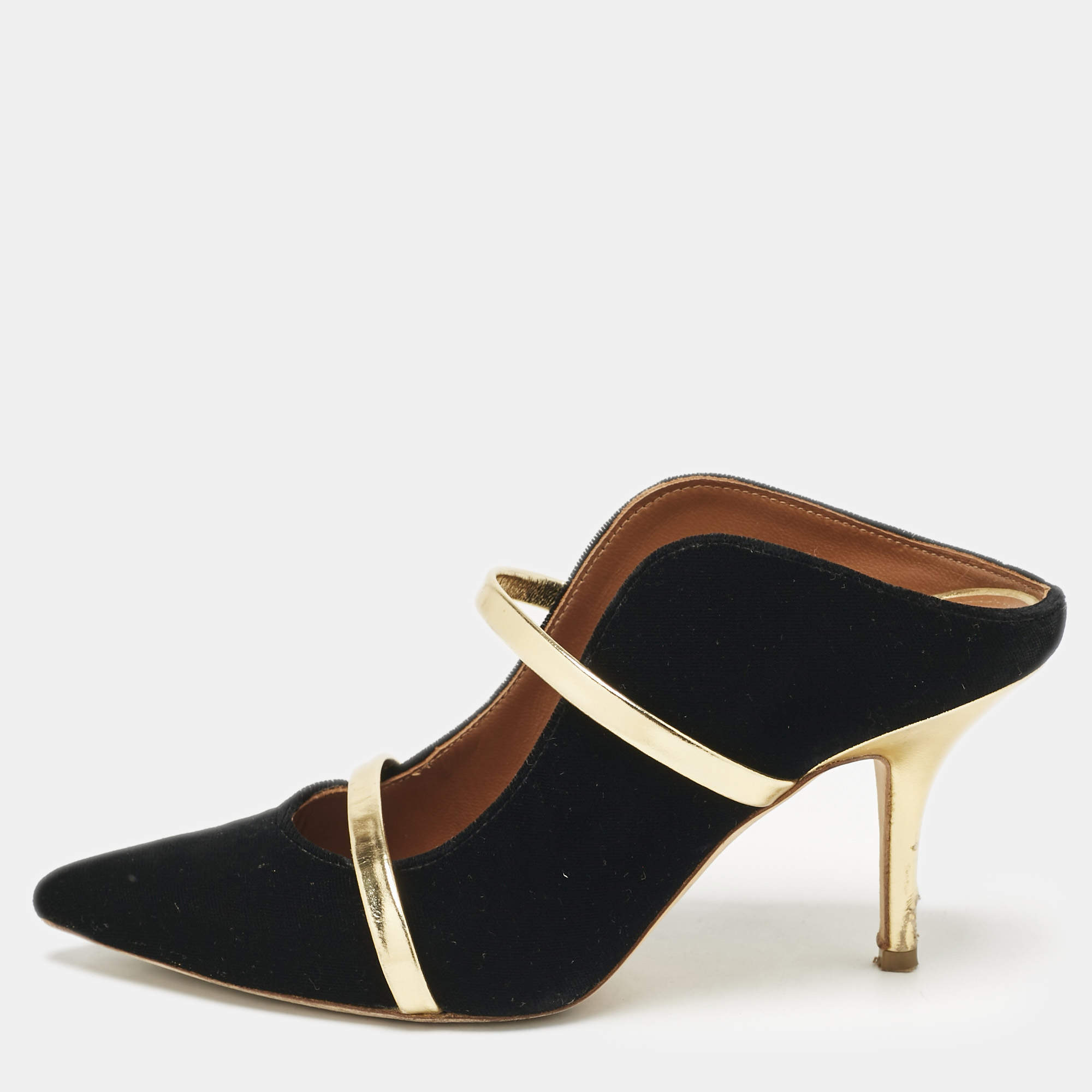 Malone Souliers Gold/Black Leather/Velvet Maureen Mules Size 36.5