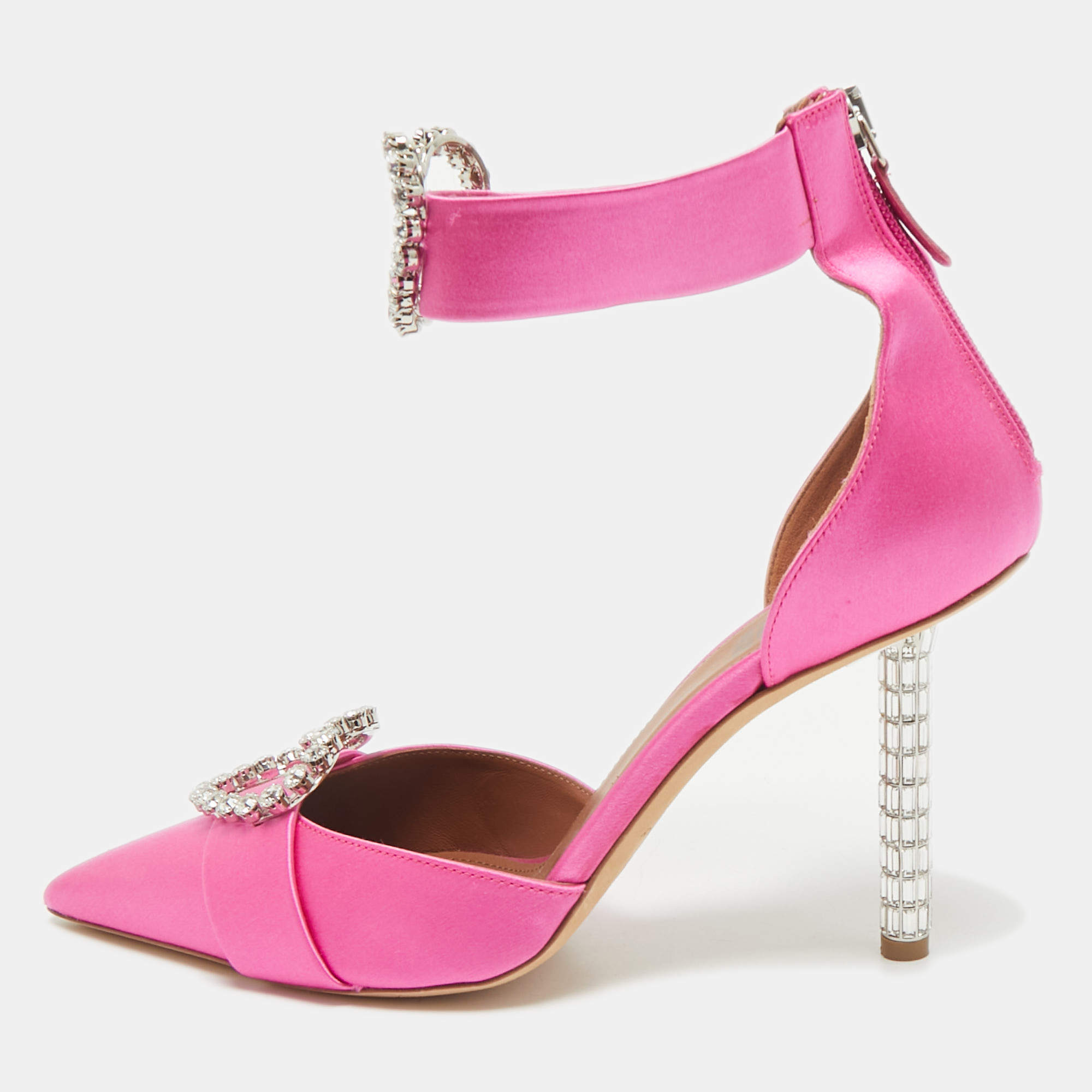 Malone Souliers x Emily In Paris Pink Satin Camille Ankle Strap Pumps Size 39