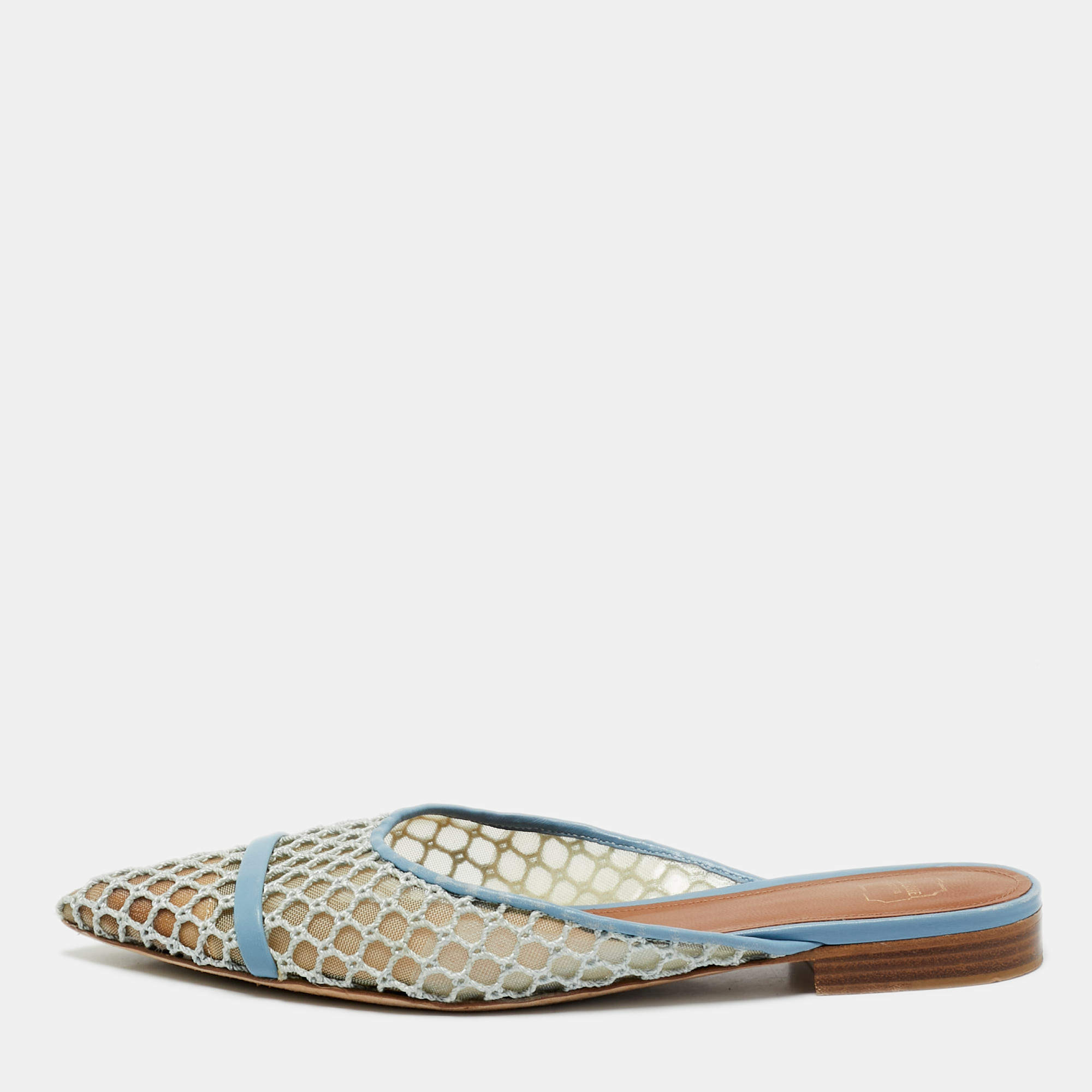 Malone Souliers Blue Leather and Mesh Hari Flat Mules Size 38