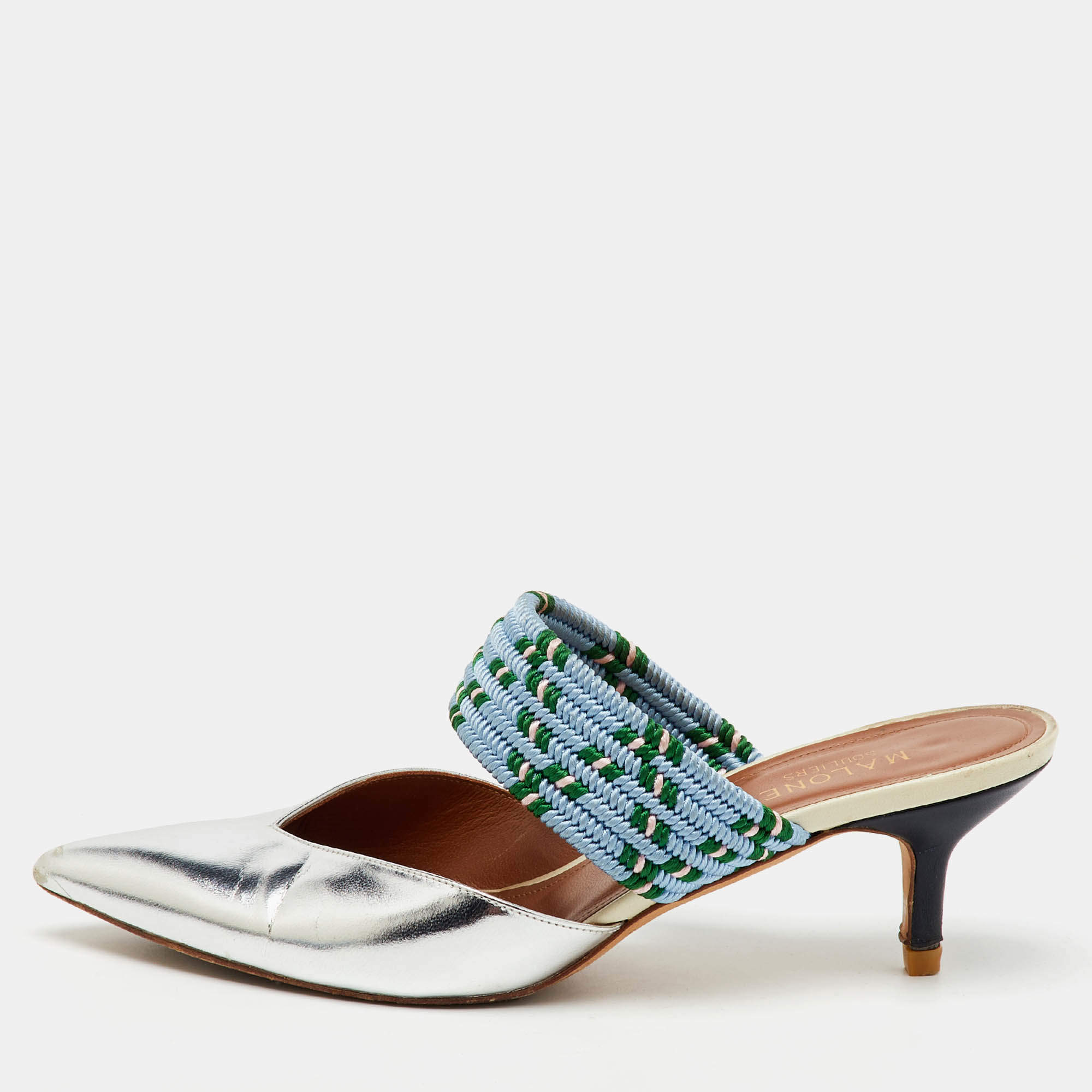 Malone Souliers Silver/Blue Metallic Leather and Stretch Band Maisie Mules 37