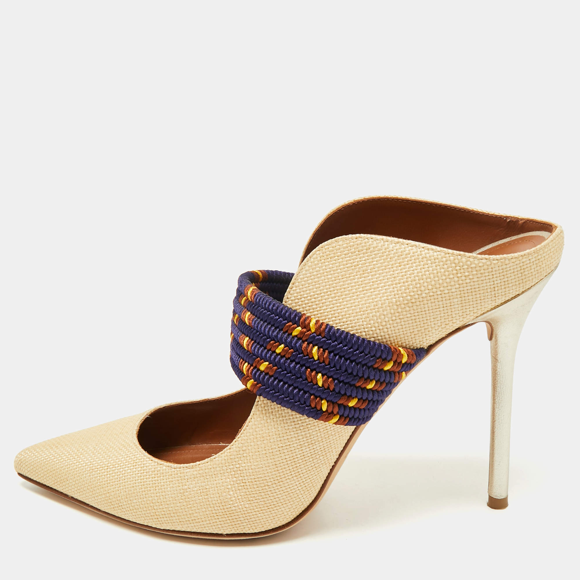 Malone Souliers Beige/Navy Blue Raffia and Cord Mara Pointed Toe Mules Size 40