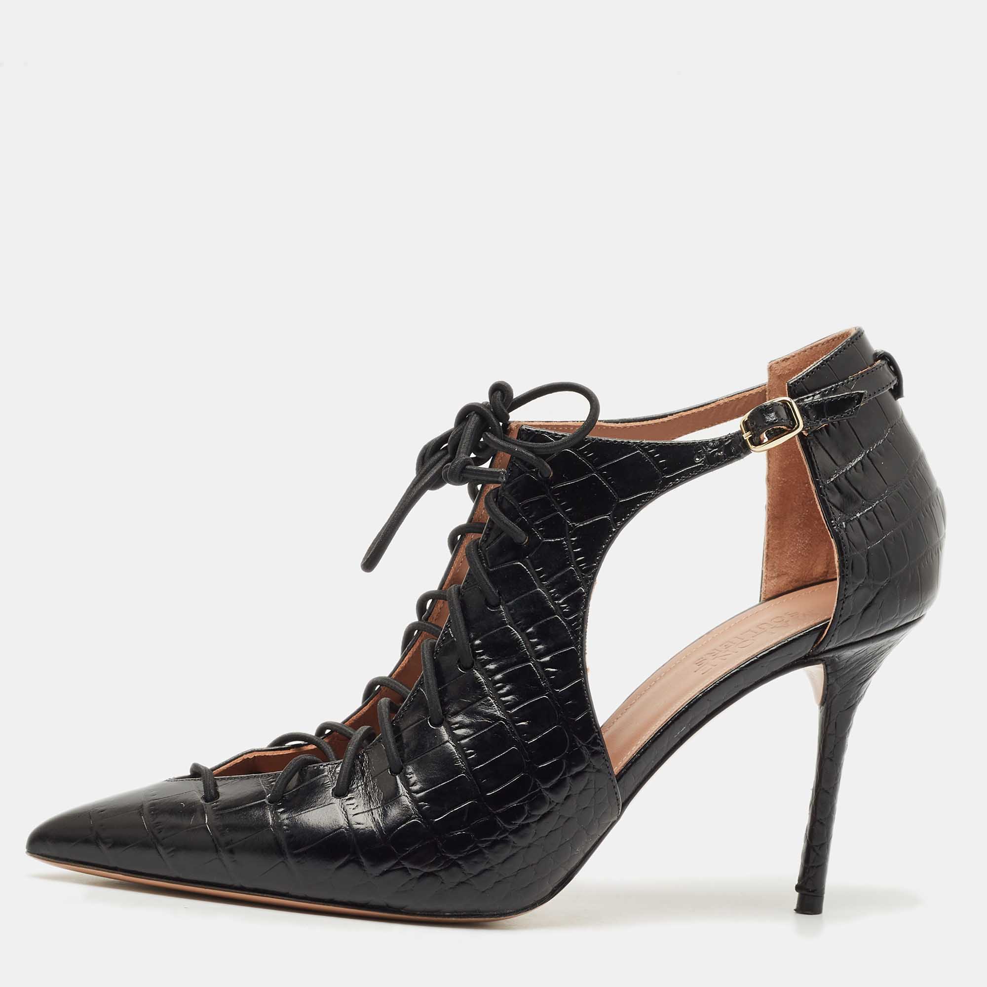Pre Owned Malone Souliers Black Croc Embossed Leather Montana Lace Up Pumps Size 41