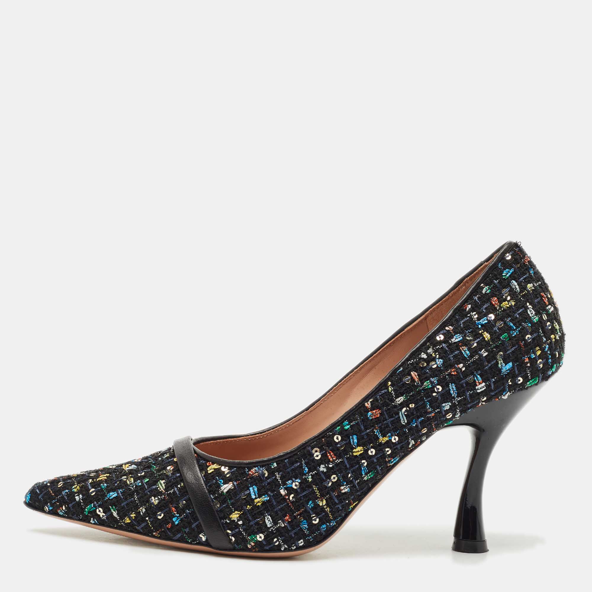 Pre Owned Malone Souliers Black Tweed and Leather Jhene Pointed Toe Pumps Size 38.5