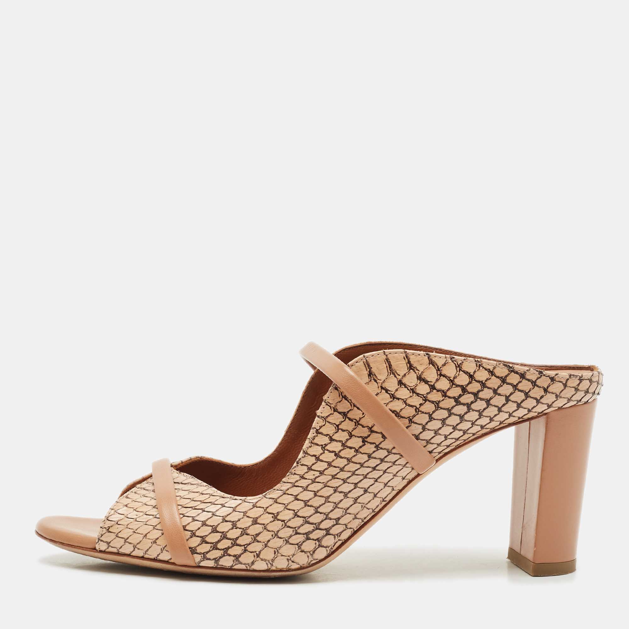 Pre Owned Malone Souliers Beige Watersnake Leather Norah Heel Mules Size 37.5
