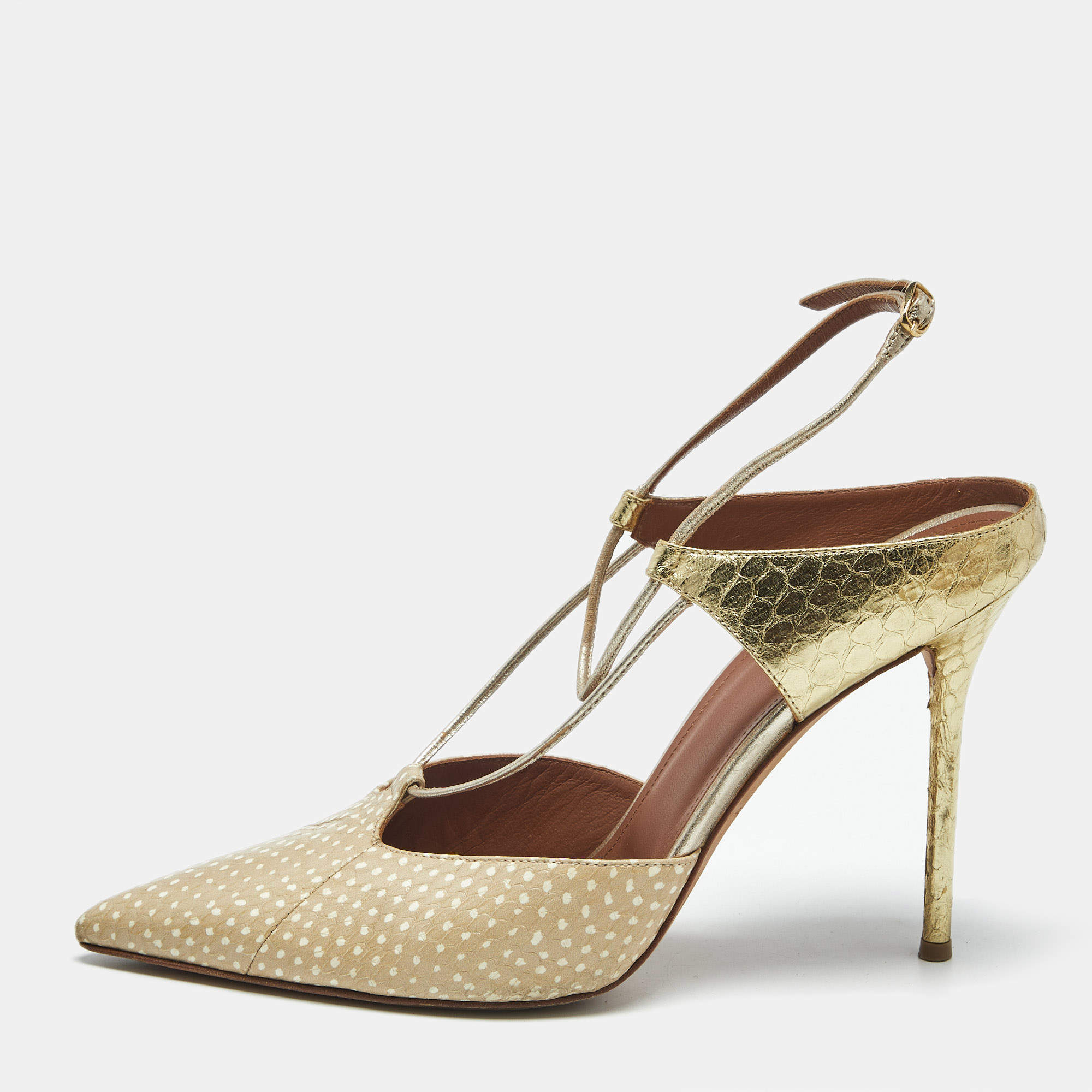Pre Owned Malone Souliers Gold/Beige Leather and Python Embossed Daria Mules Size 41