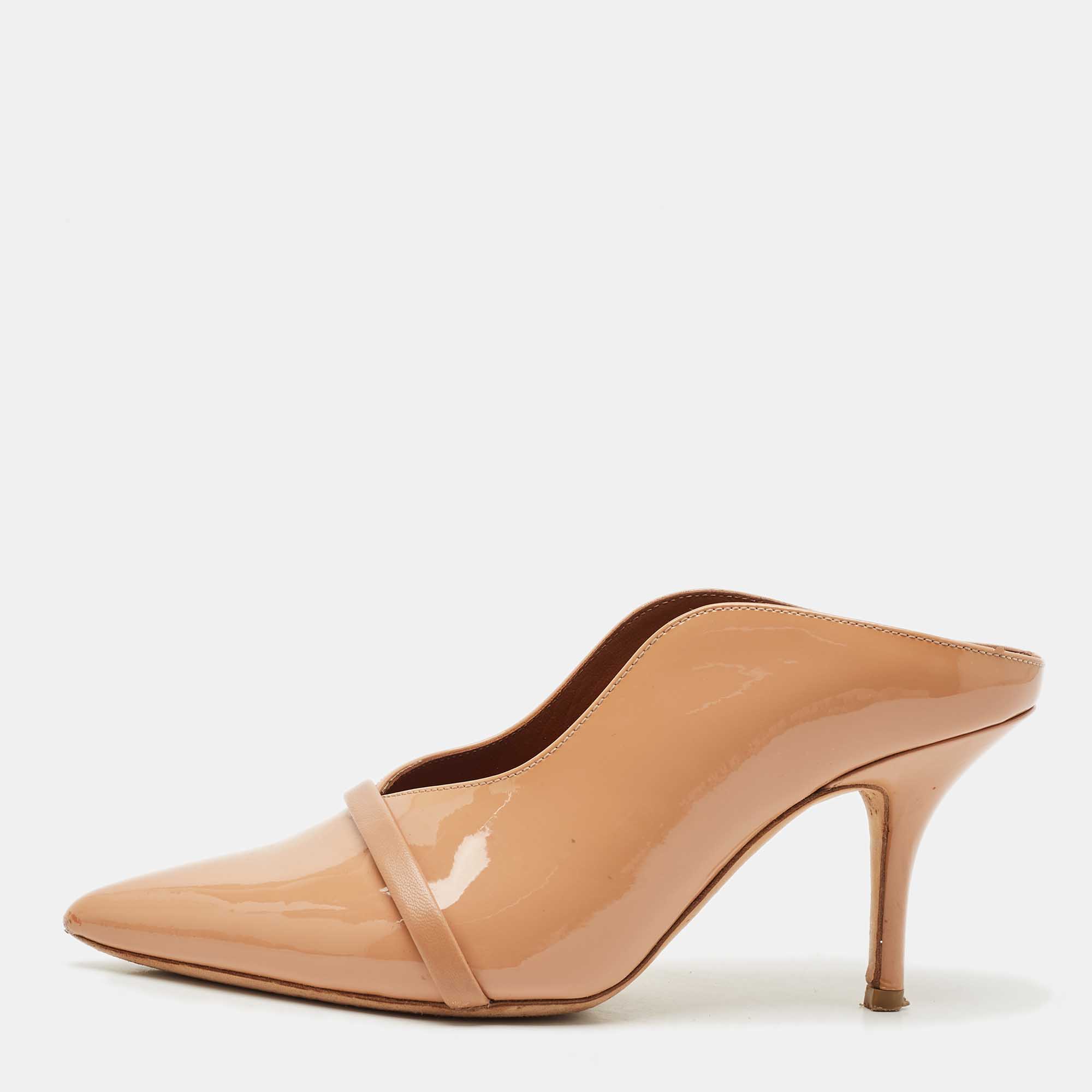 Pre Owned Malone Souliers Beige Patent Leather Constance Heel Mules Size 35.5
