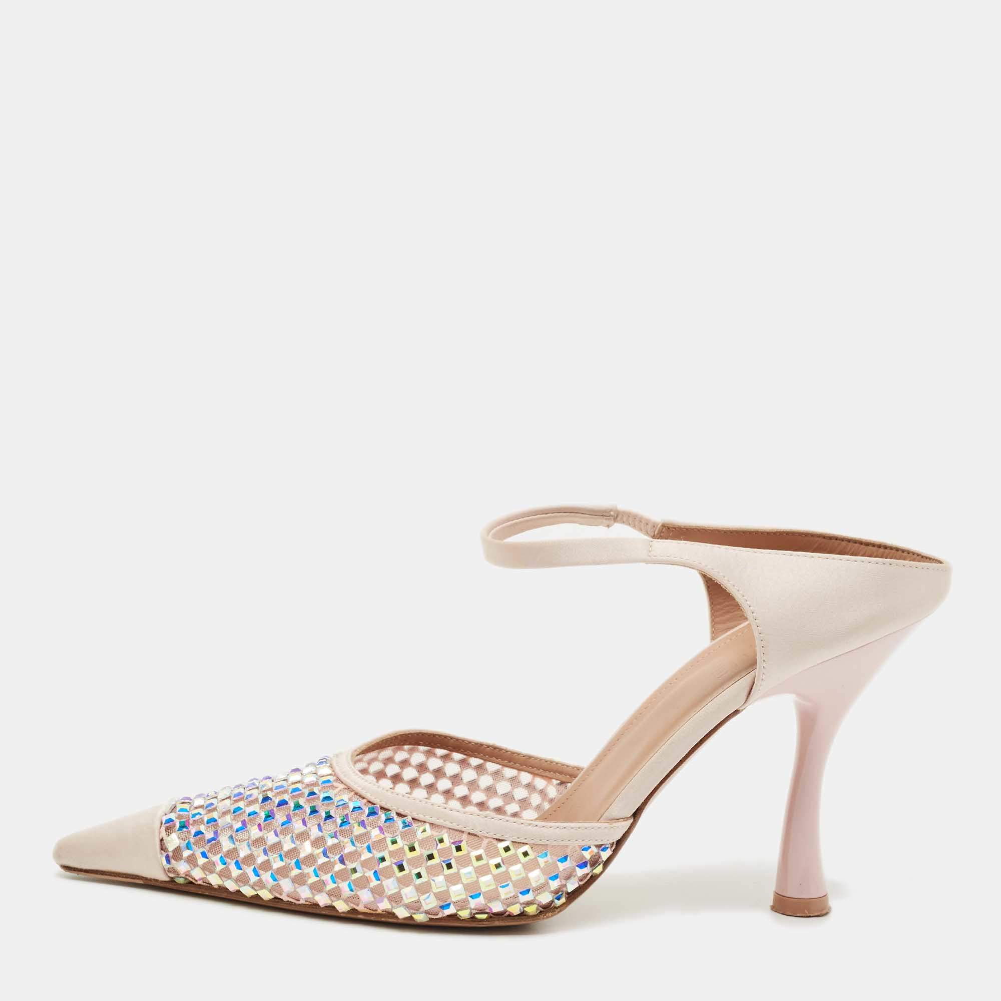 Pre Owned Malone Souliers Pink Mesh and Satin Crystal Embellished Vega Mules Size 40