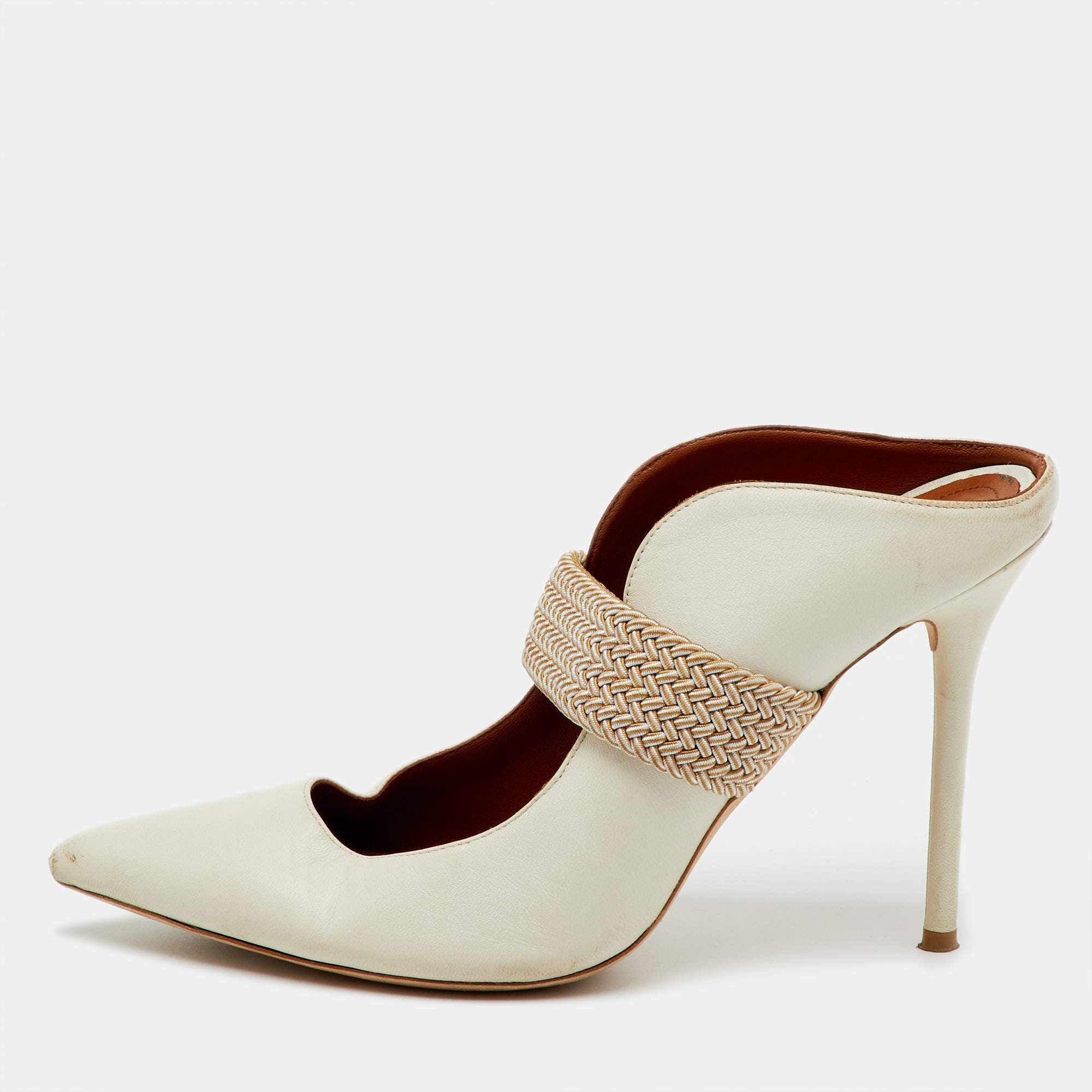 Pre Owned Malone Souliers by Roy Luwolt Off White/Beige Leather Mara Mules Size 39.5