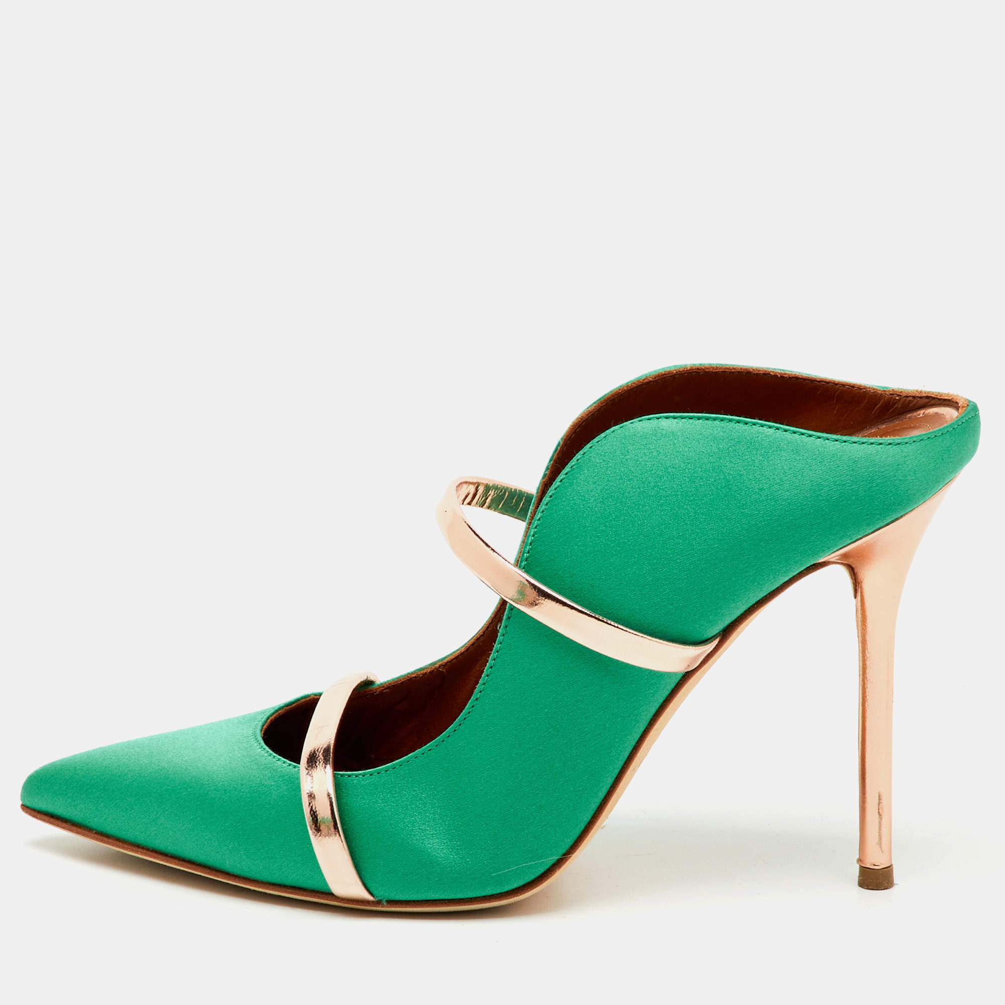 Pre Owned Malone Souliers Green/Rose Gold Satin and Leather Maureen Pointed Toe Mules Size 38.5